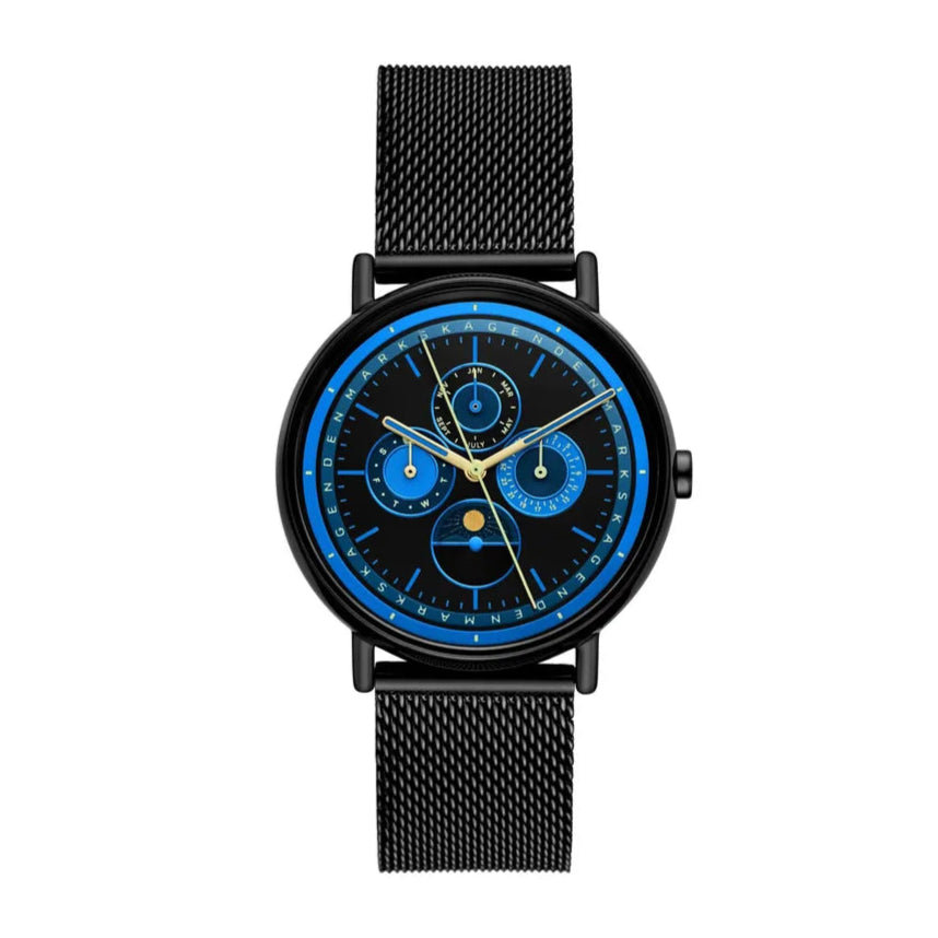 Skagen Signatur Sun & Moon Multifunction Black & Blue Dial / Black PVD Stainless Steel Mesh Bracelet Men's Watch | SKW6944