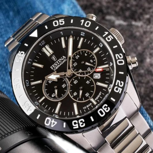 Festina Ceramic Quartz Chronograph Black Dial Stainless Steel Men's Watch | F20575/3