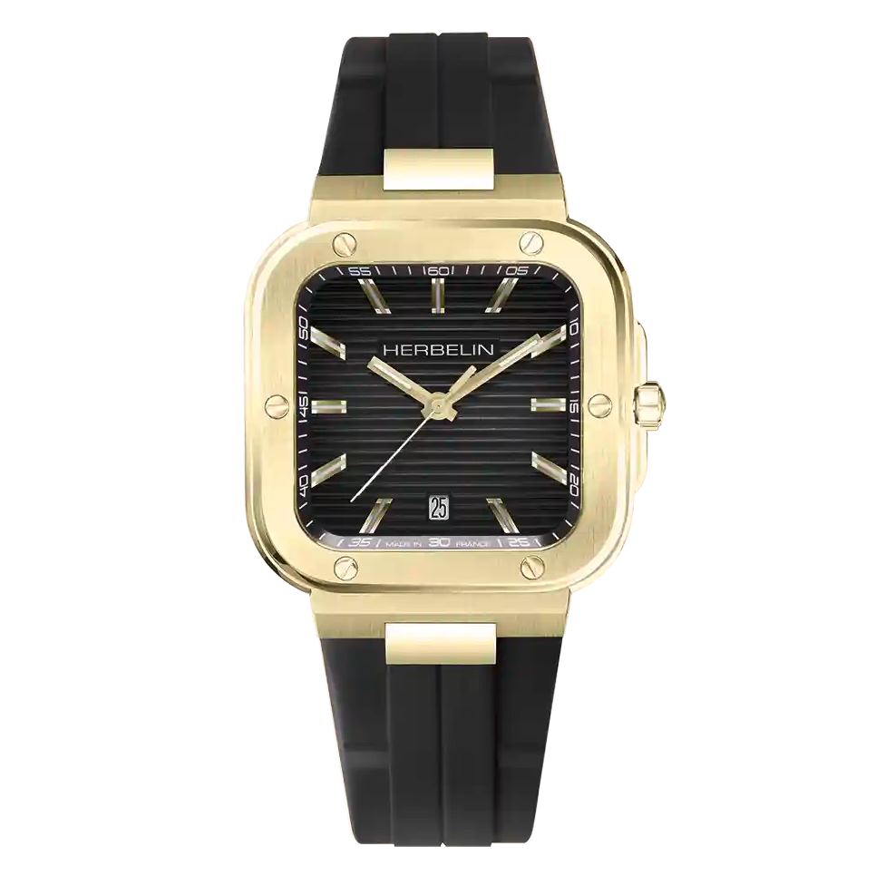 HERBELIN Cap Camarat Square Quartz Black Fkm and 1n Gold 39mm Men's Watch | 12246P1N14CA