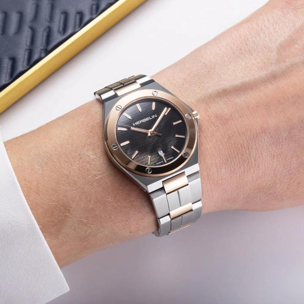 Herbelin Cap Camarat Black Dial Rose Gold Stainless Steel Women's Watch | 14545BTR49