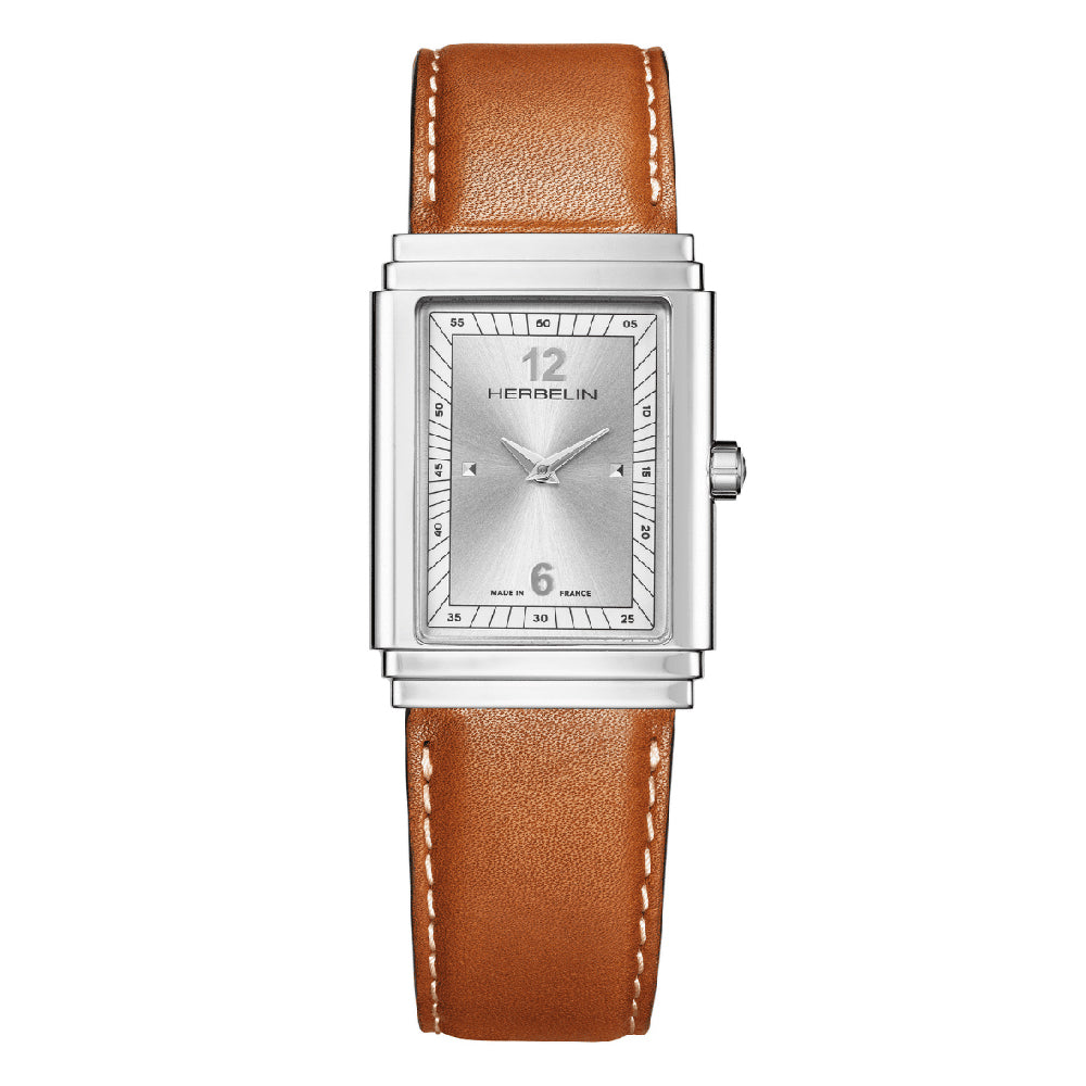 HERBELIN Art Deco Silver & White Sunray Dial Tan Leather Strap Unisex Watch | 17567AP22GD