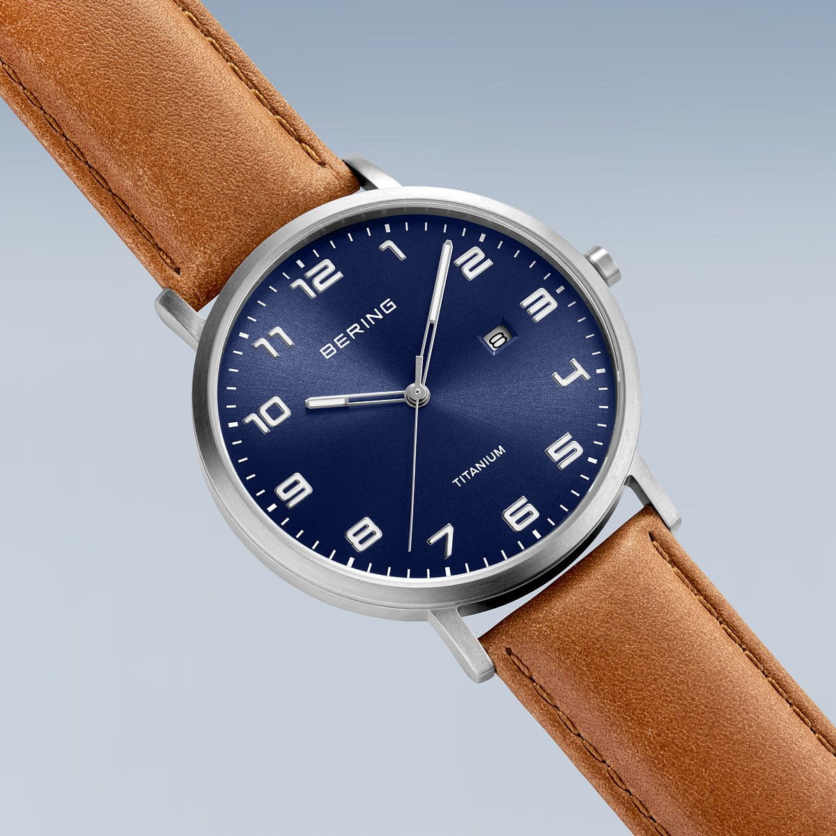 BERING Titanium Blue Dial and Brown Leather Strap 40mm Men's Watch | 18640-567