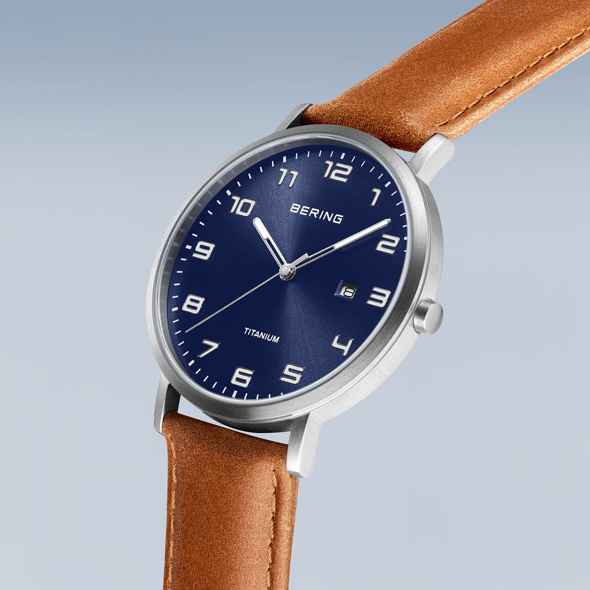BERING Titanium Blue Dial and Brown Leather Strap 40mm Men's Watch | 18640-567