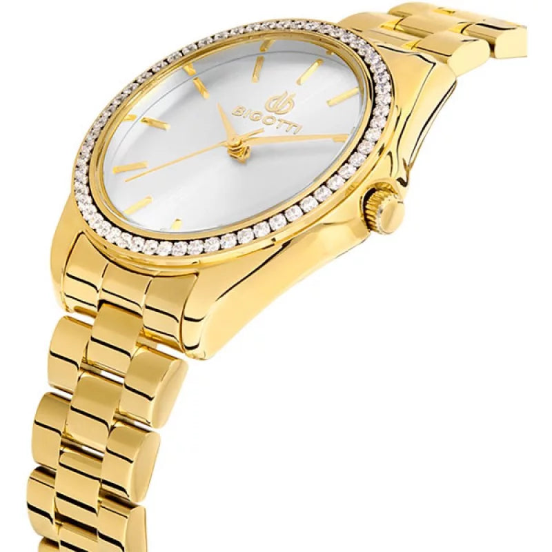 Bigotti Rose Gold Silver Dial Stones On Bezel Men's Watch | BG.1.10497-3