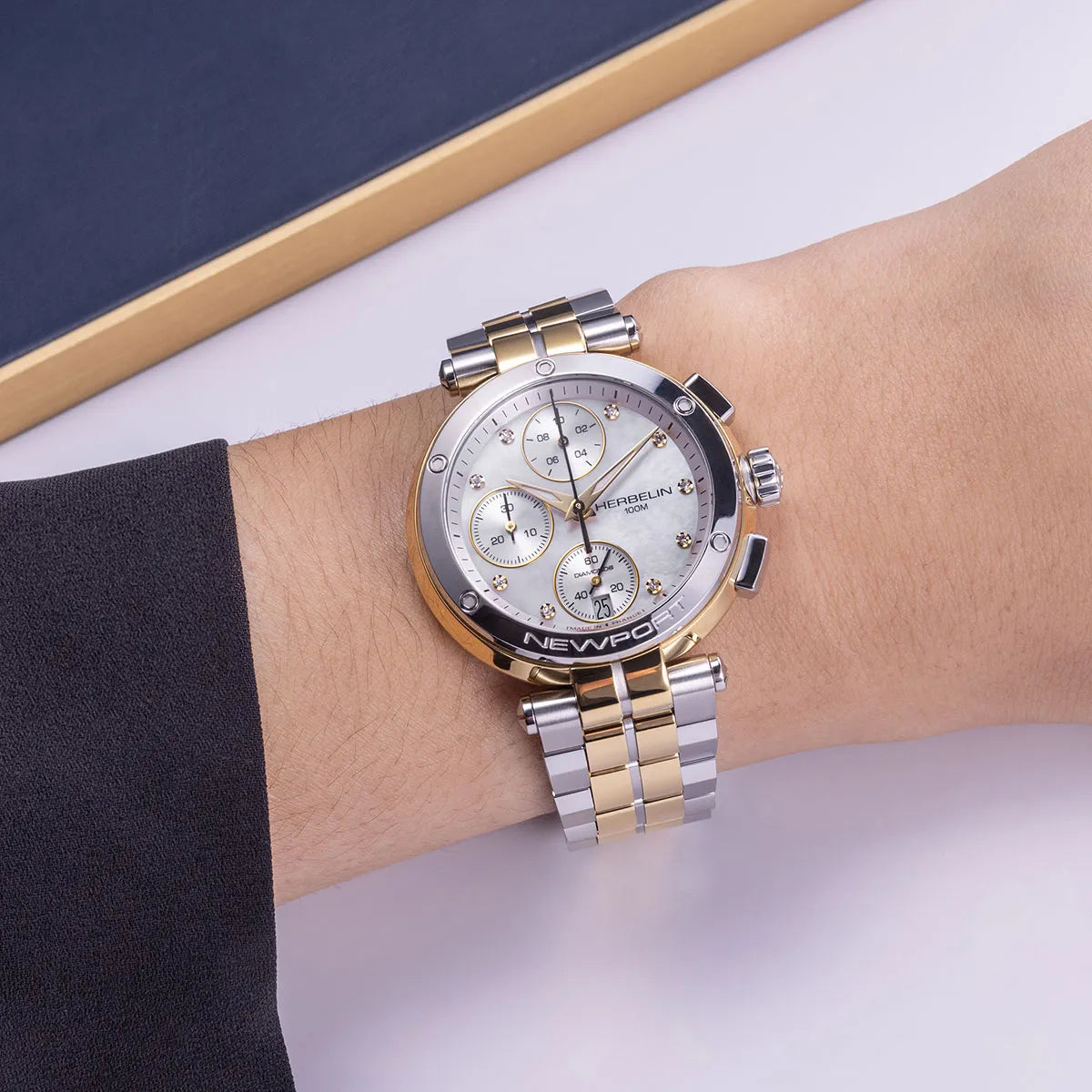 HERBELIN Newport Two-Tone Swiss Quartz Chronograph Diamond Mother of Pearl Dial Women's Watch | 35688BT89