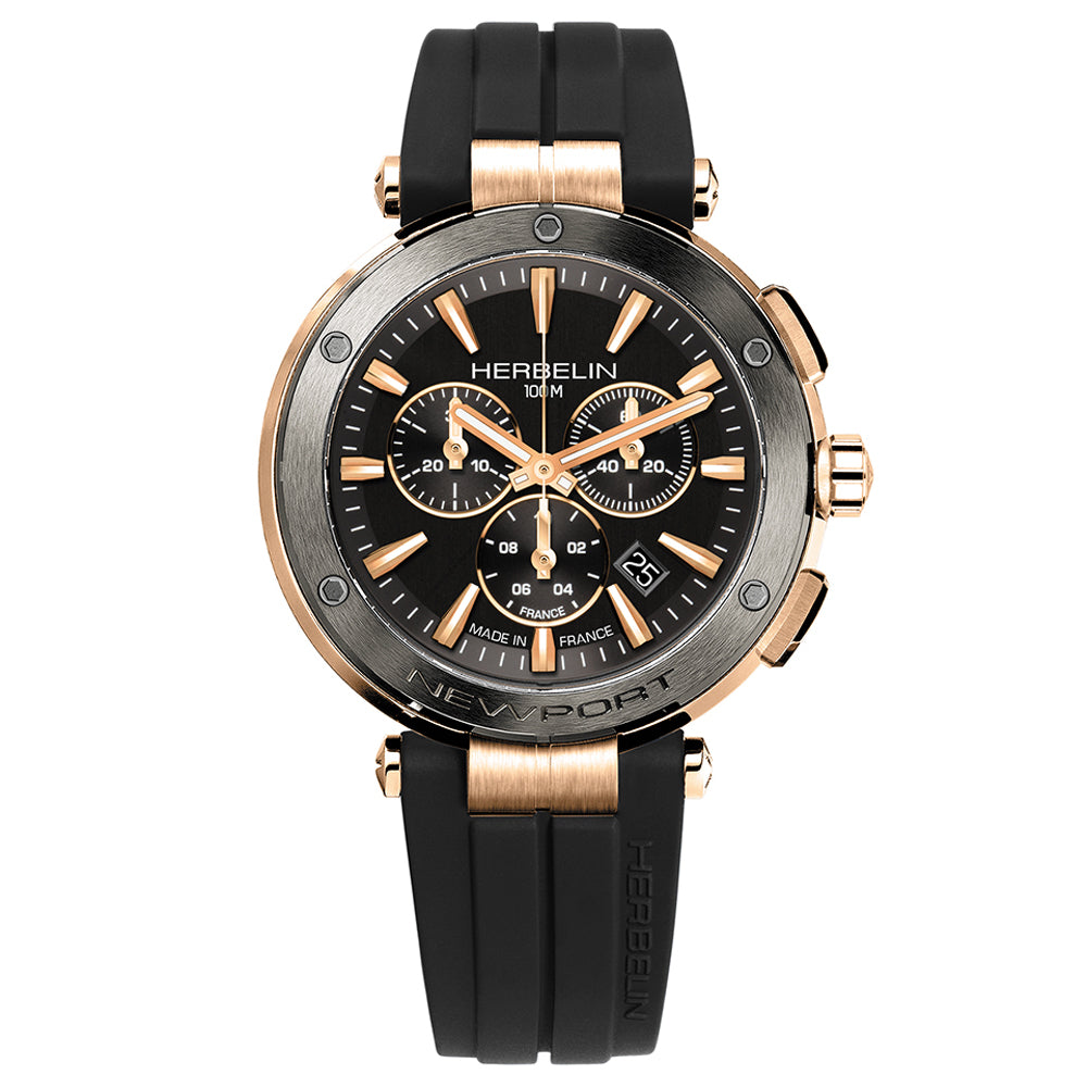 Herbelin Newport Chronograph Black Dial Rose Gold Accents Men's Watch | 37688TRG33CA