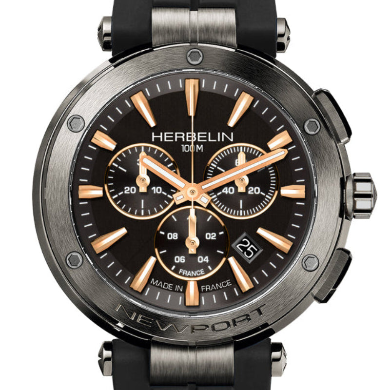 HERBELIN Newport Chronograph Gunmetal Grey Black Rose Gold Men's Watch | 37688/G33TCA