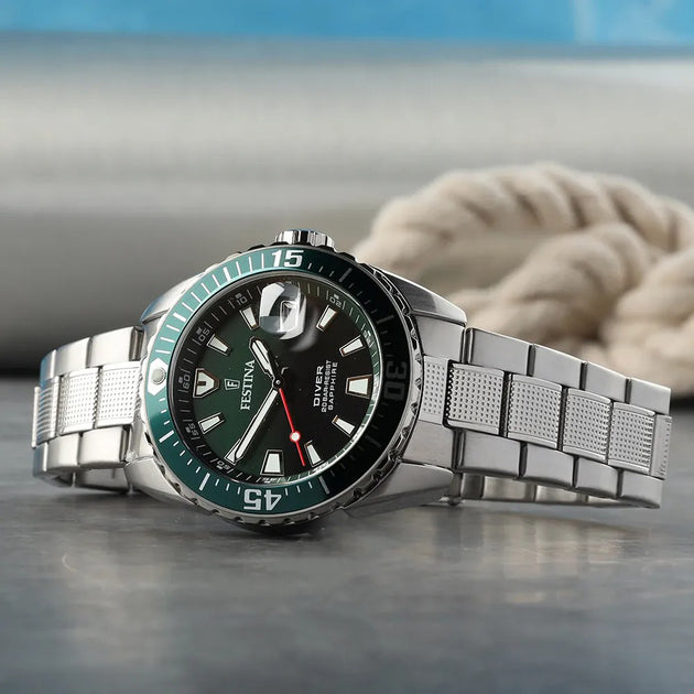 Festina The Originals Quartz Green Dial Fluorescent Steel Indices Stainless Steel Men's Watch | F20669/2