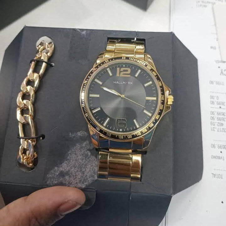 Hallmark IPG Box Set Black Dial RG Hands IPG Bracelet Men's Watch Set | HBSM4060