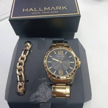 Hallmark IPG Box Set Black Dial RG Hands IPG Bracelet Men's Watch Set | HBSM4060