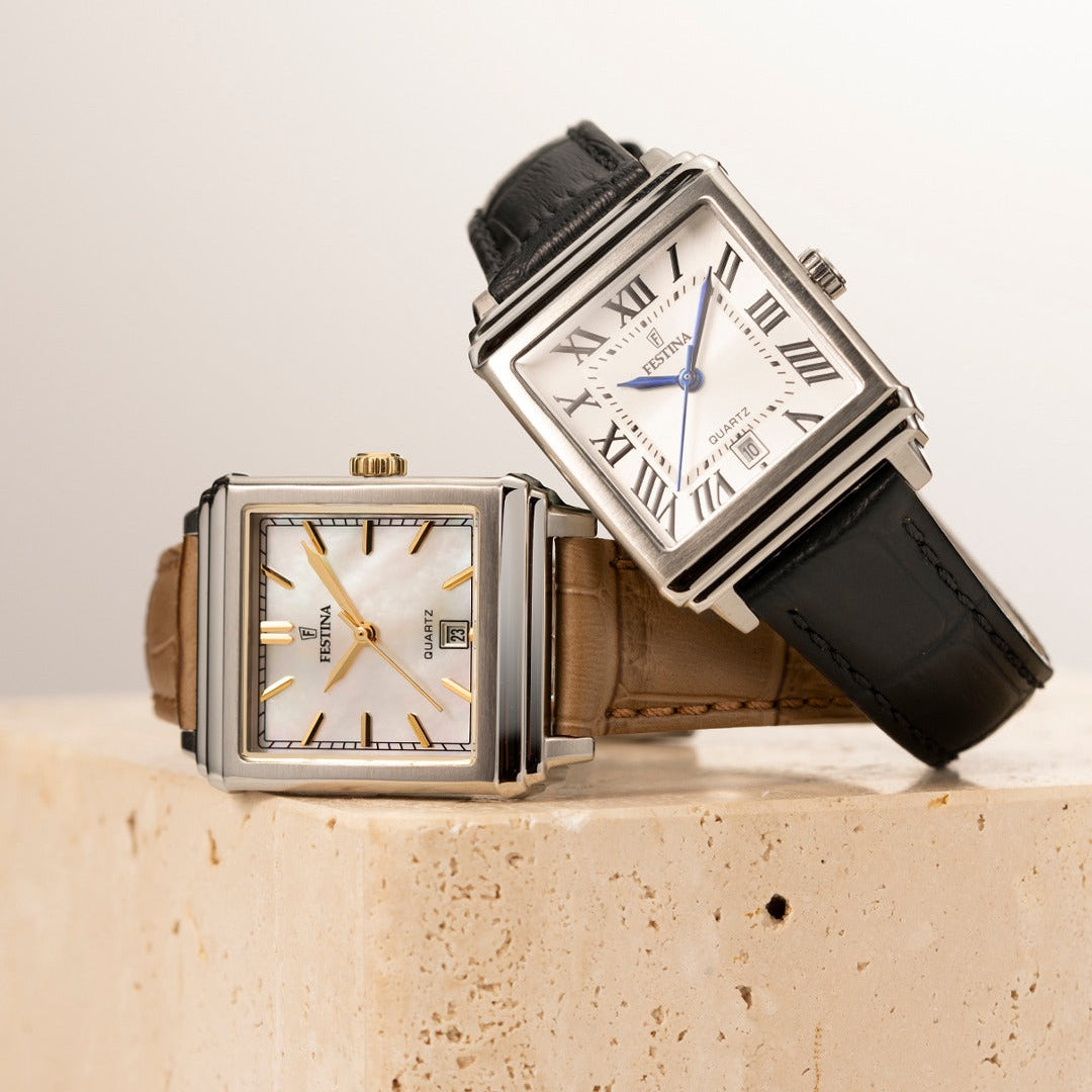 Festina On The Square Quartz Rectangular Silver Dial Black Leather Unisex Watch | F20682/3