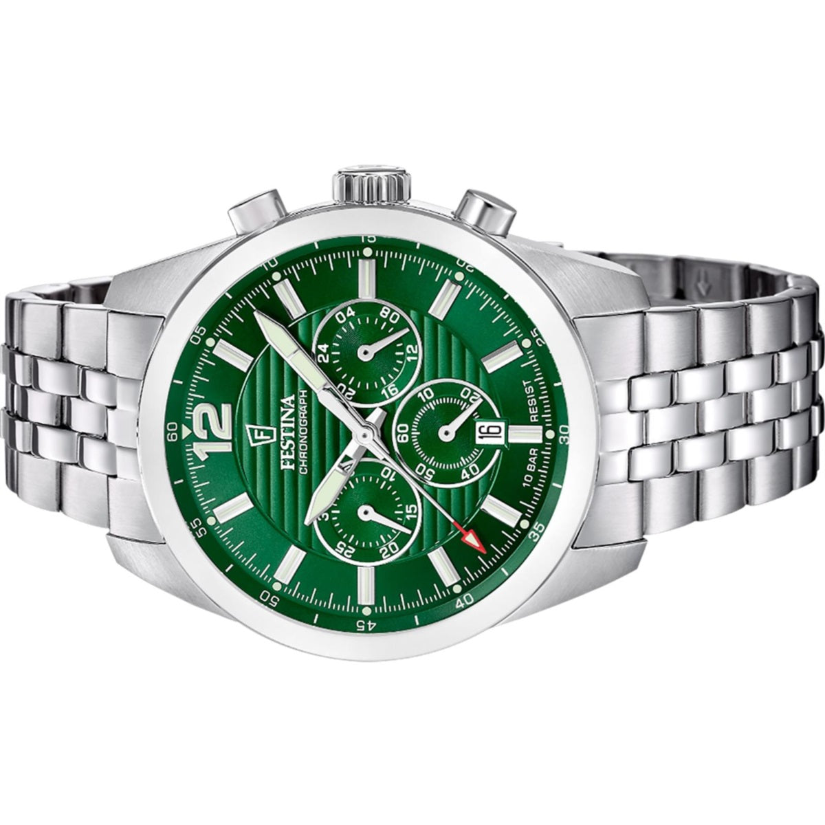 Festina Timeless Chronograph Quartz Green Dial Fluorescent Indices Stainless Steel Men's Watch | F20742/2