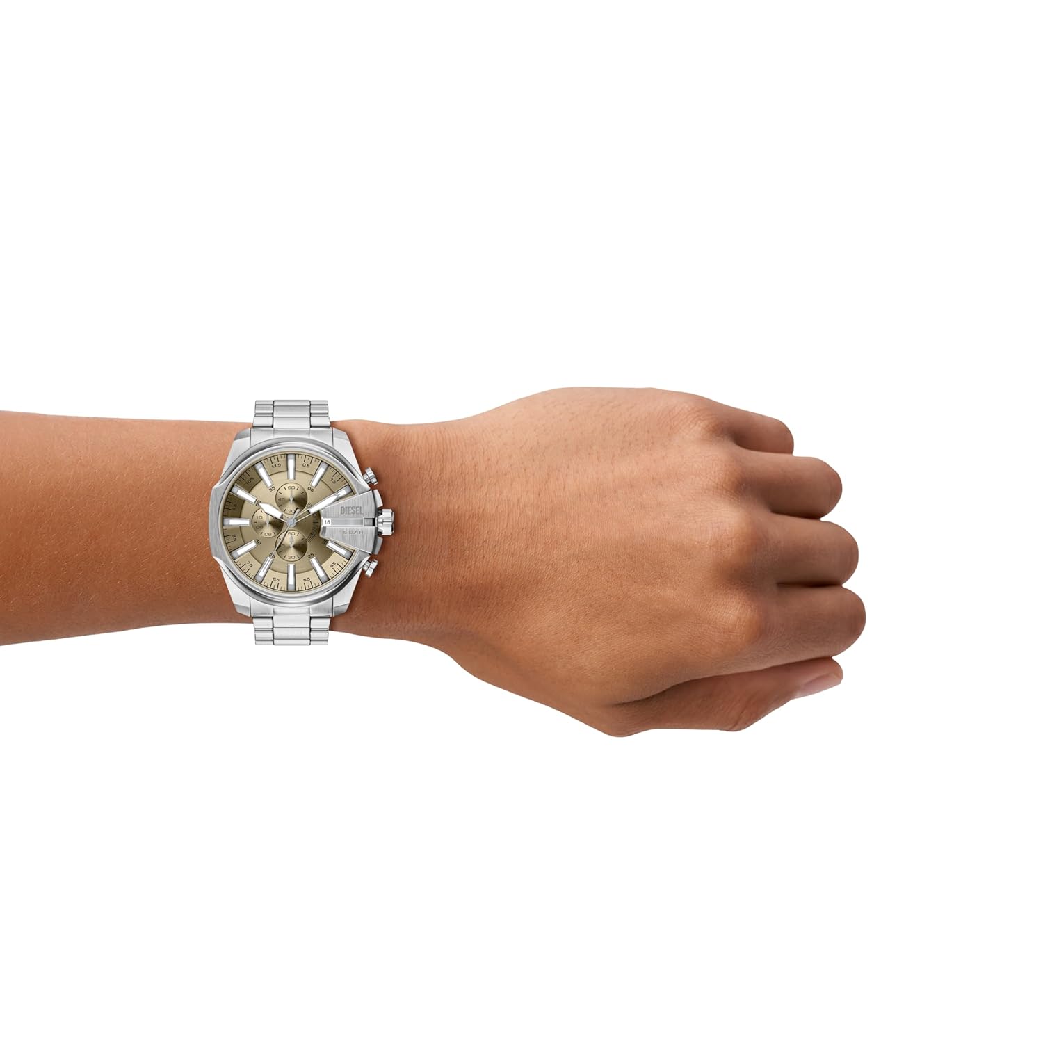 Diesel Mega Chief Gold Sunray Dial and Silver Steel Bracelet 48mm Men's Watch | DZ4702