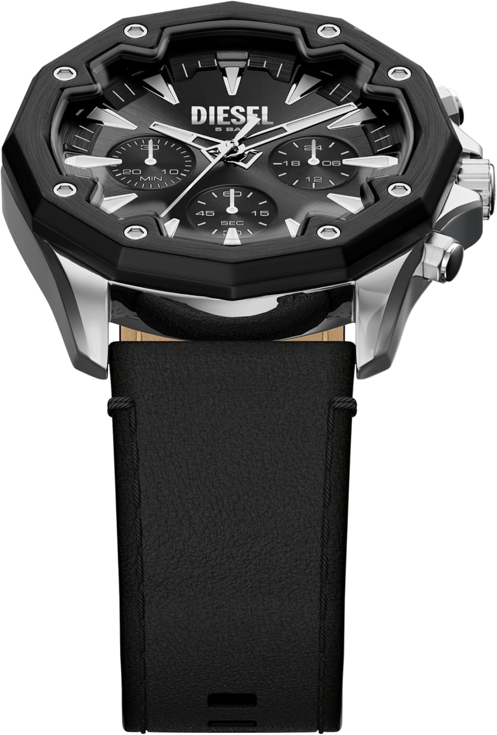 Diesel Stinger Black Sunray Dial and Black Leather Strap 46mm Men's Watch | DZ4710