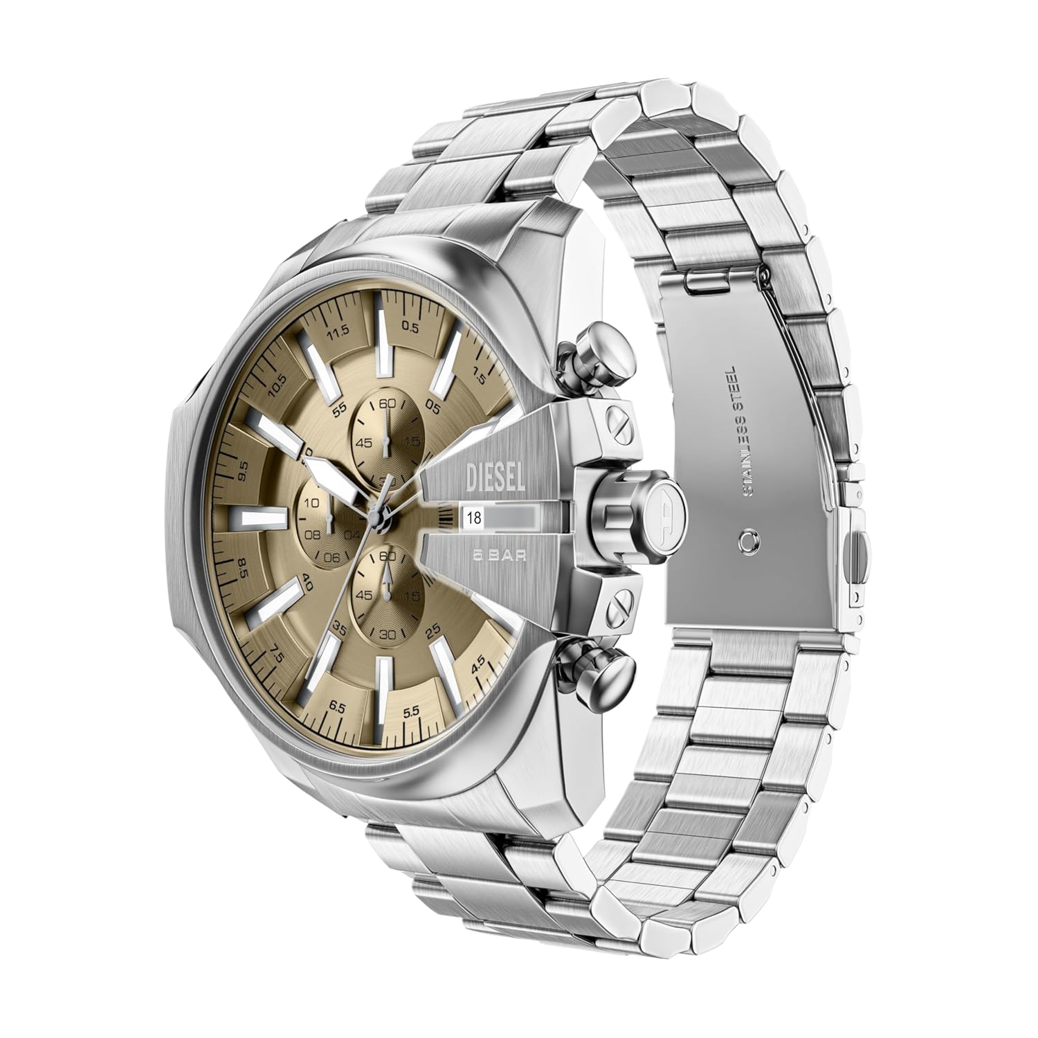 Diesel Mega Chief Gold Sunray Dial and Silver Steel Bracelet 48mm Men's Watch | DZ4702