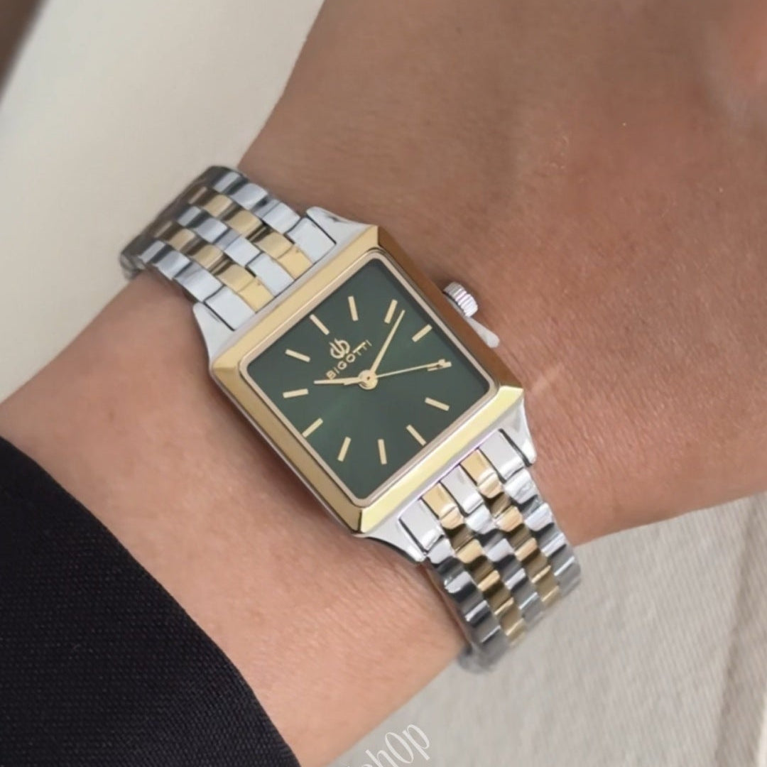 Bigotti Square Green Dial Rose Gold Hands Stainless Steel Women's Watch | BG.1.10560-5