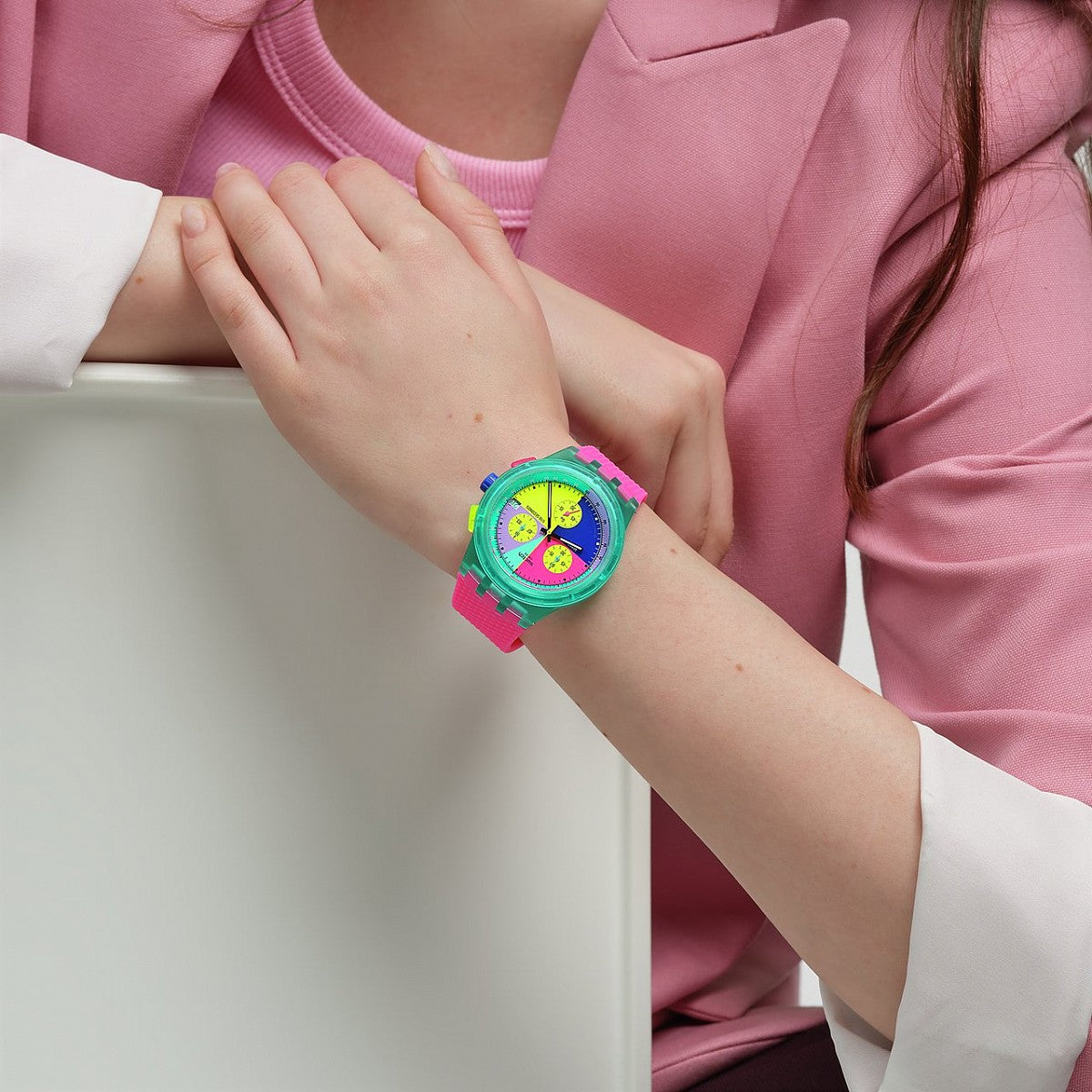 Swatch Neon Flash Chrono Multi-Colour Dial Pink Strap Unisex Watch | SUSG408