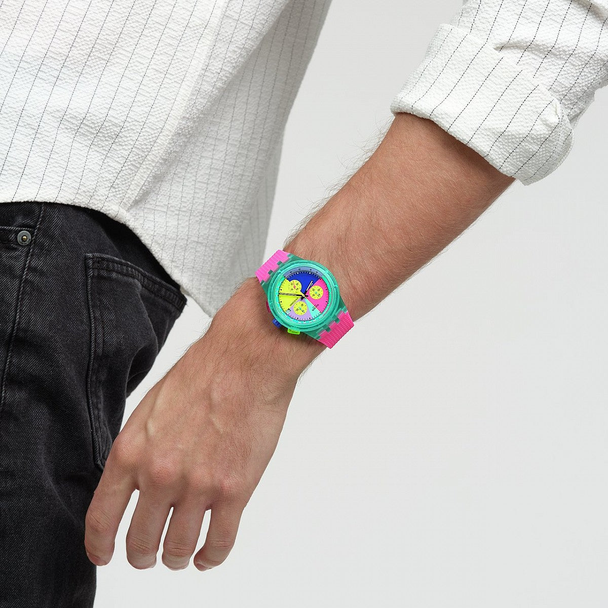 Swatch Neon Flash Chrono Multi-Colour Dial Pink Strap Unisex Watch | SUSG408