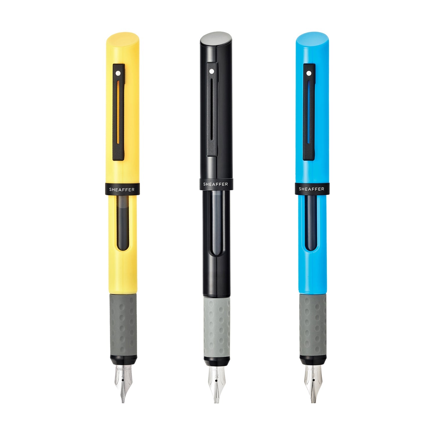 Sheaffer Calligraphy Glossy Black, Blue and Yellow Fountain pens Maxikit in Hangsell - F, M, B nibs