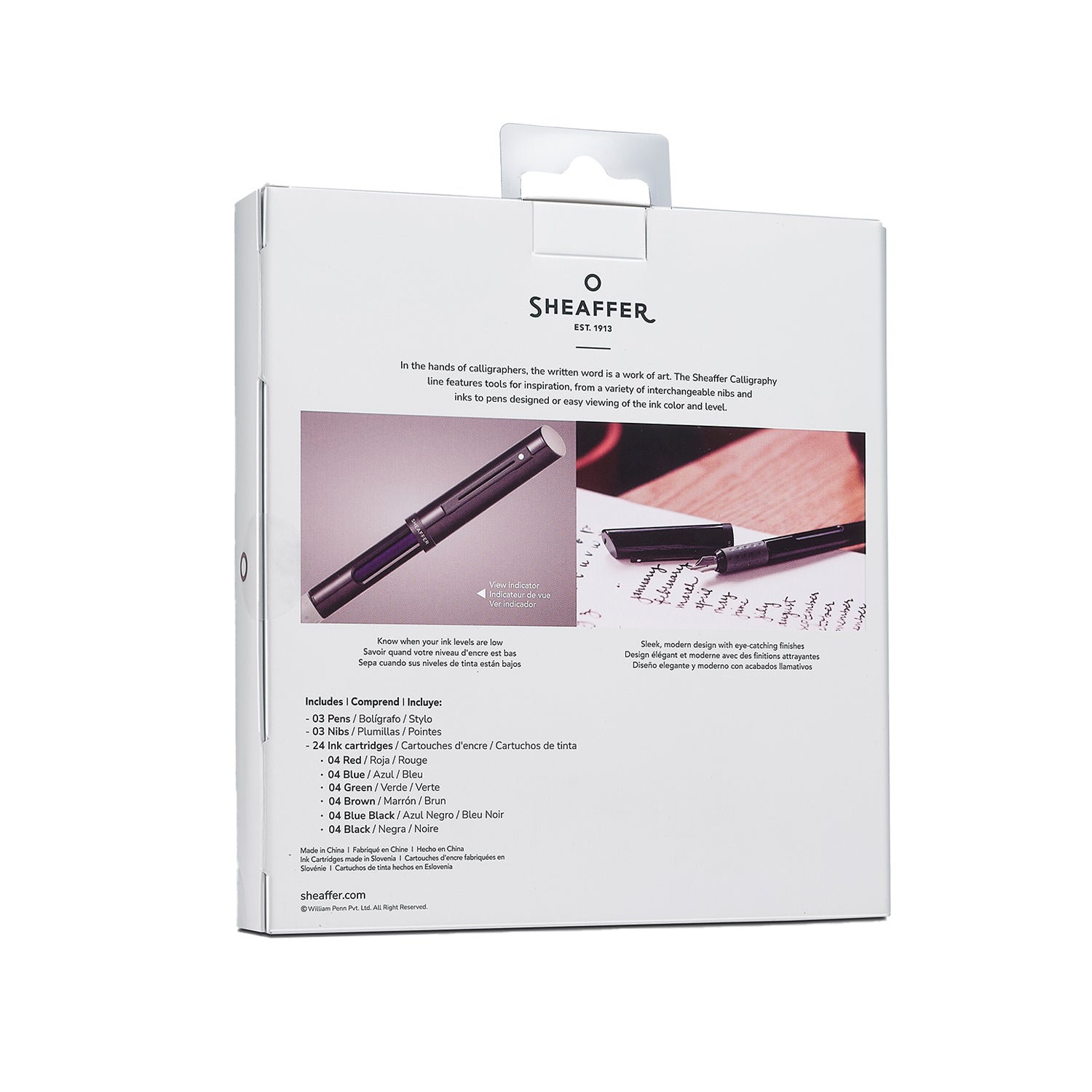 Sheaffer Calligraphy Glossy Black, Blue and Yellow Fountain pens Maxikit in Hangsell - F, M, B nibs