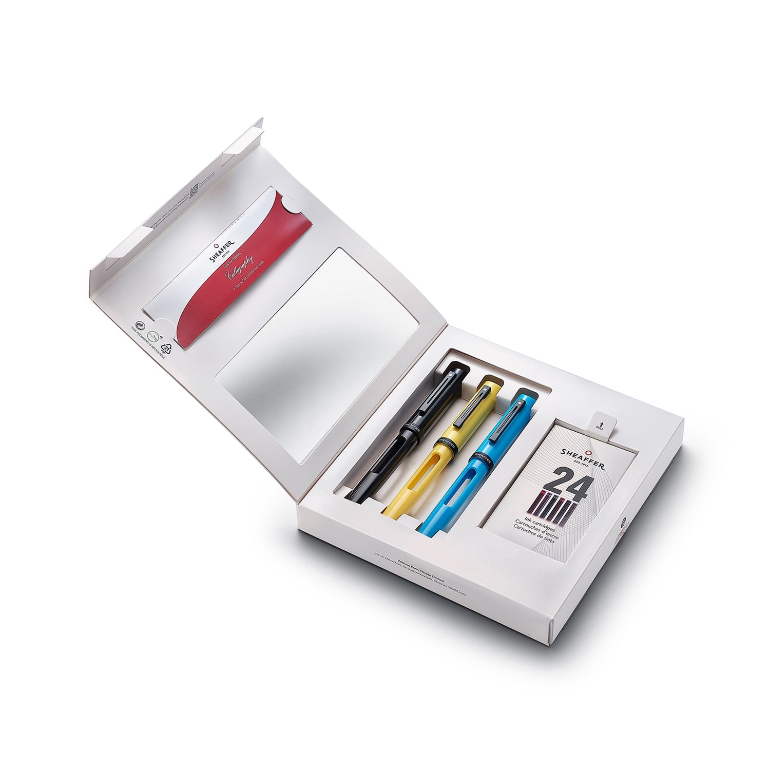 Sheaffer Calligraphy Glossy Black, Blue and Yellow Fountain pens Maxikit in Hangsell - F, M, B nibs