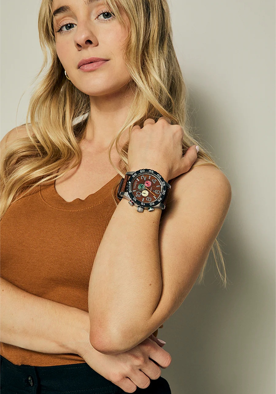 Nixon 51-30 Silver Dial Chronograph Leather Men’s Watch | A13925341-00