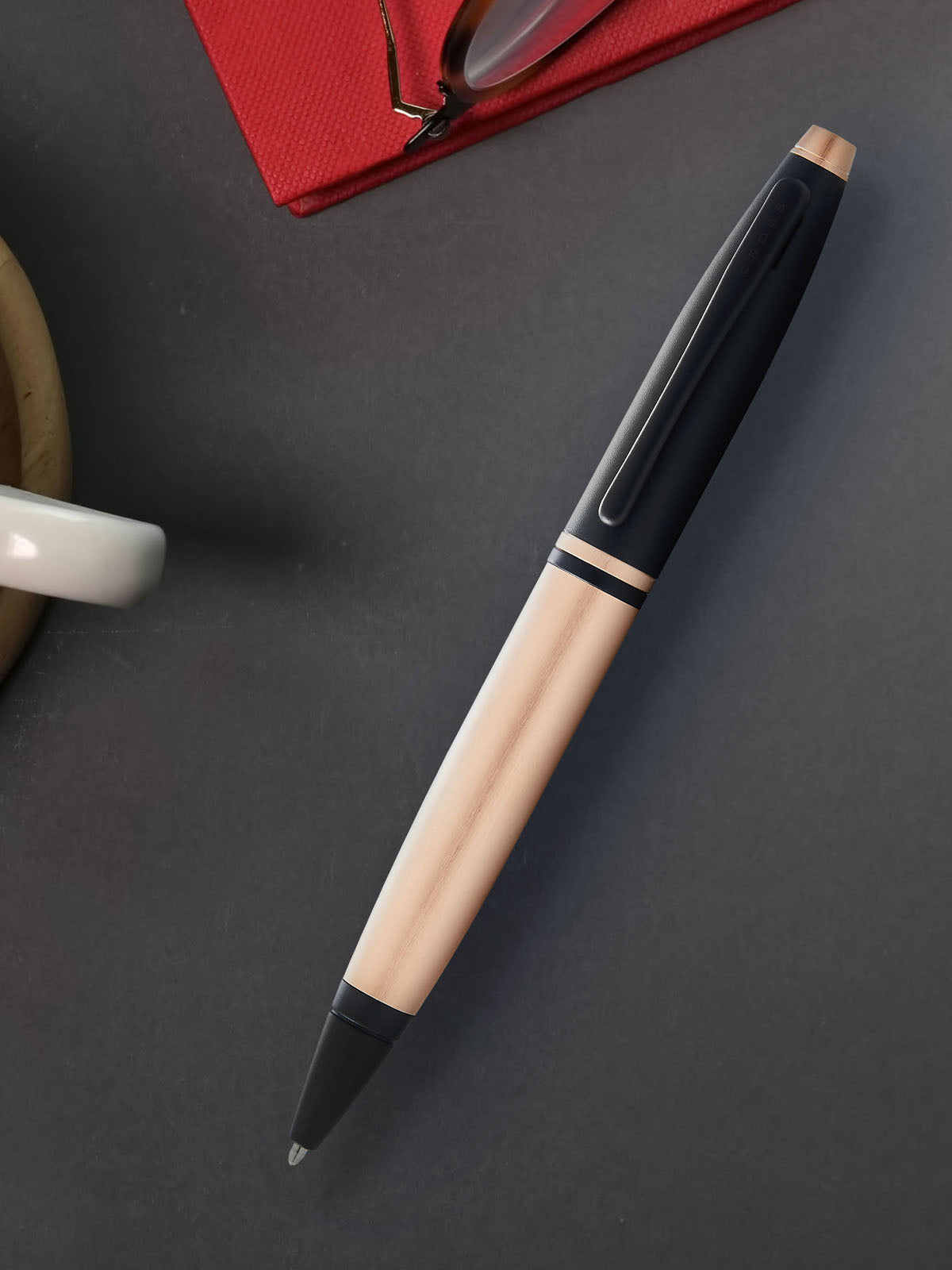 CROSS Calais Brushed Rose Gold Plate and Black Lacquer Ballpoint Pen | AT0112-27