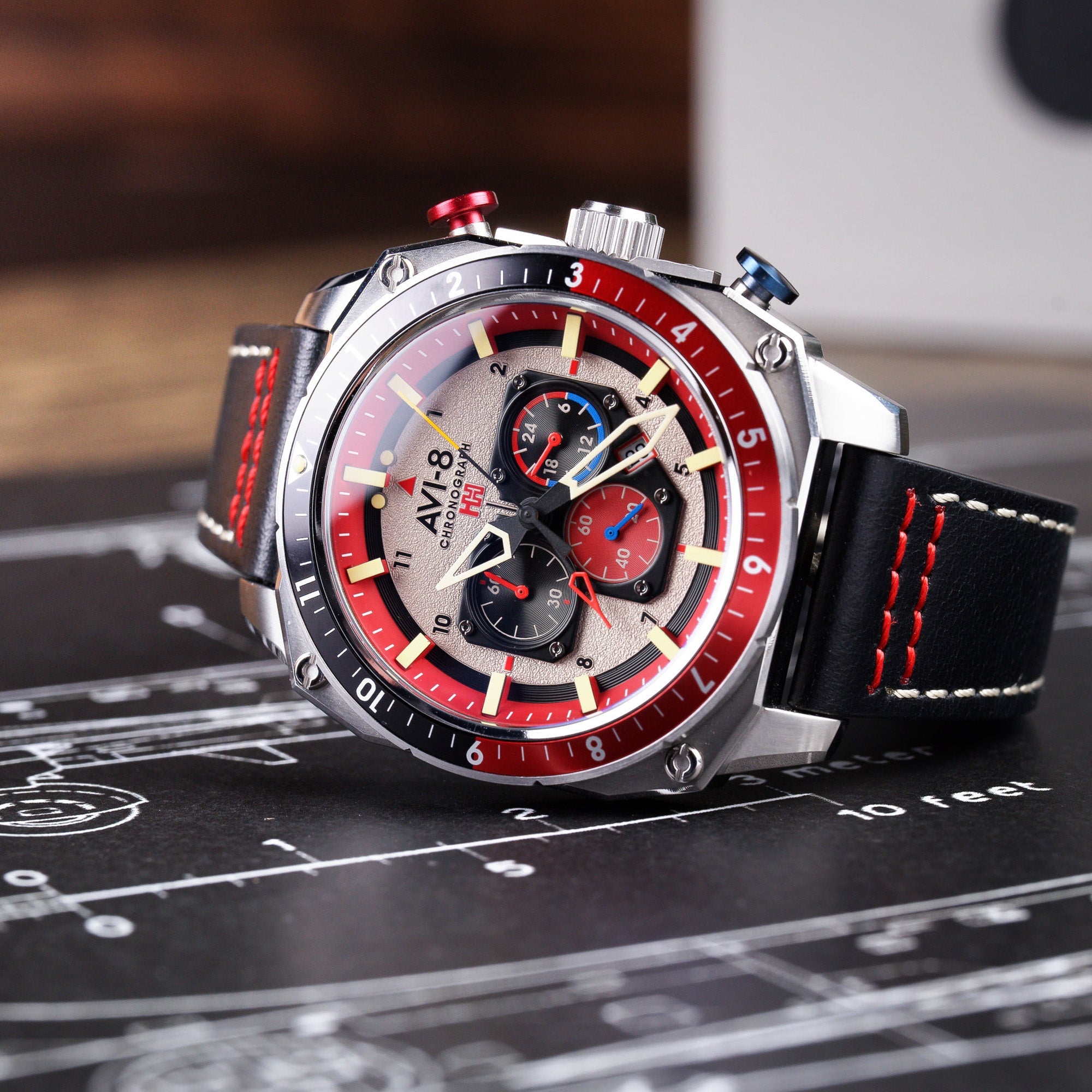 AVI-8 Hazard Red Black Leather Strap Men's Watch | AV-4100-03