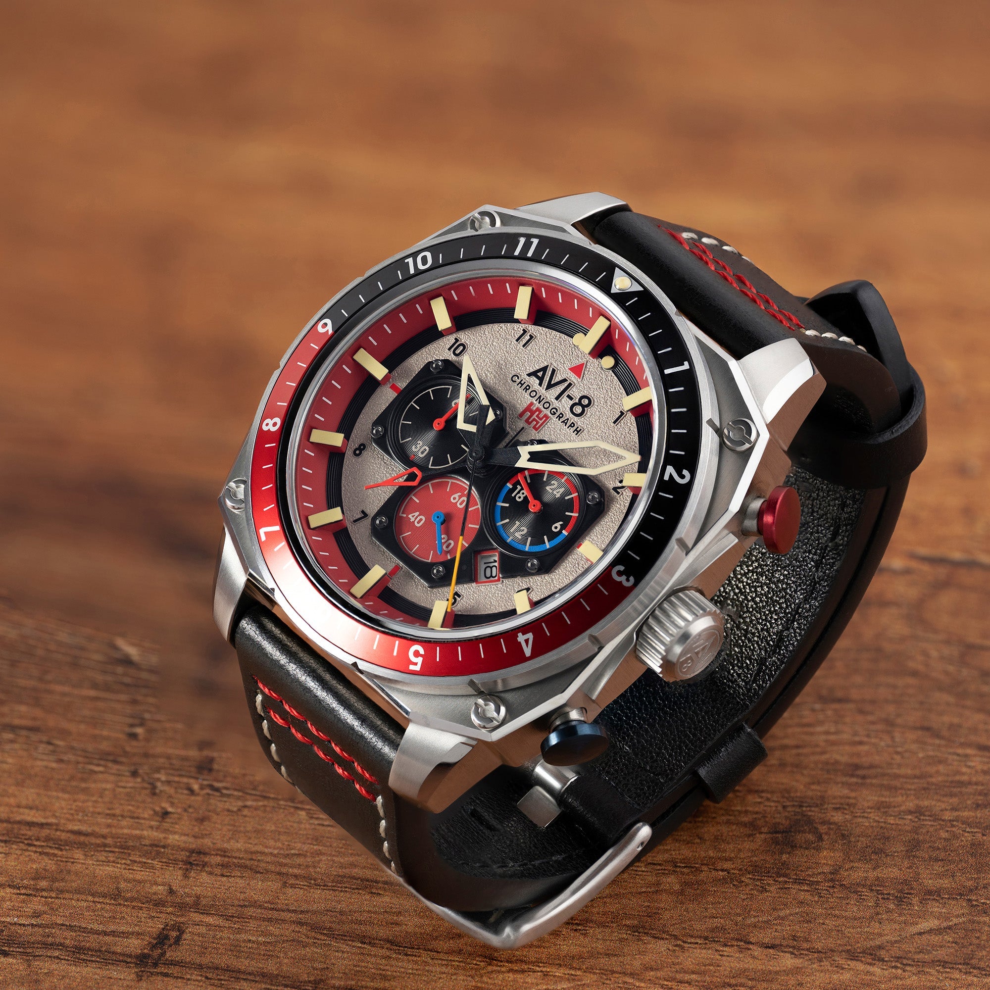 AVI-8 Hazard Red Black Leather Strap Men's Watch | AV-4100-03