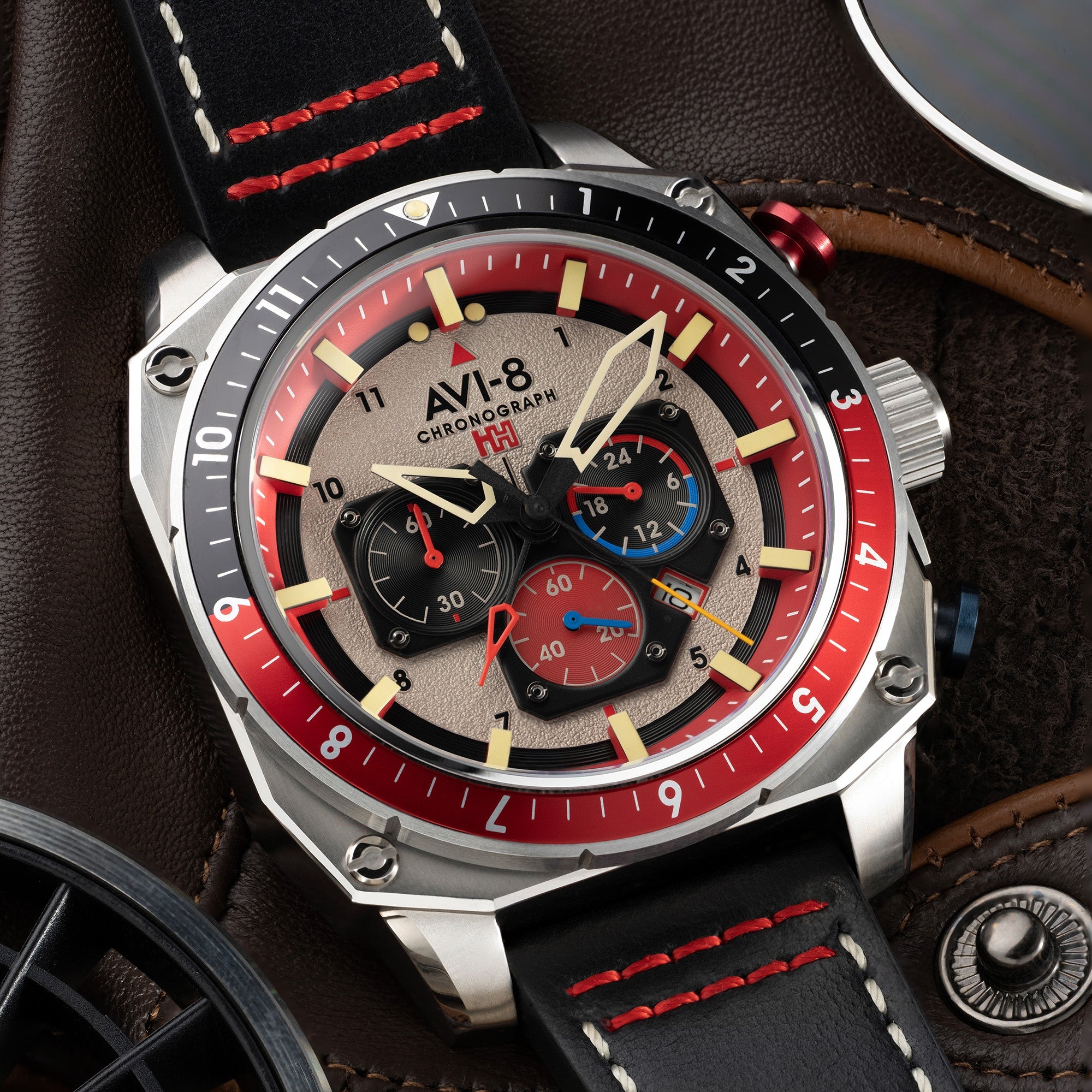 AVI-8 Hazard Red Black Leather Strap Men's Watch | AV-4100-03