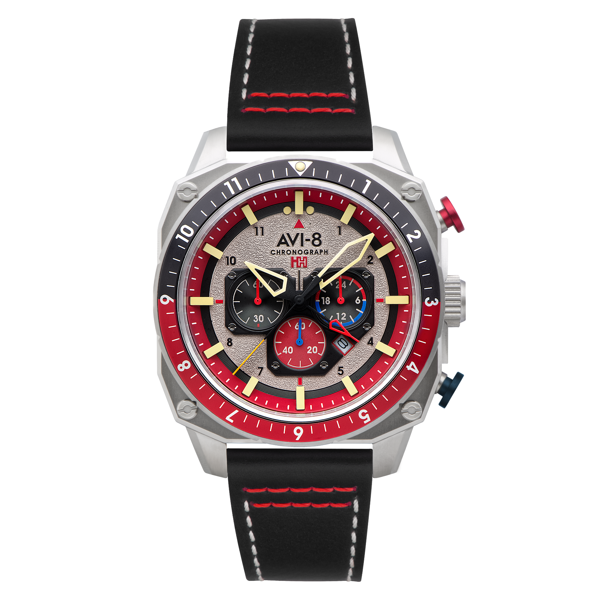 AVI-8 Hazard Red Black Leather Strap Men's Watch | AV-4100-03