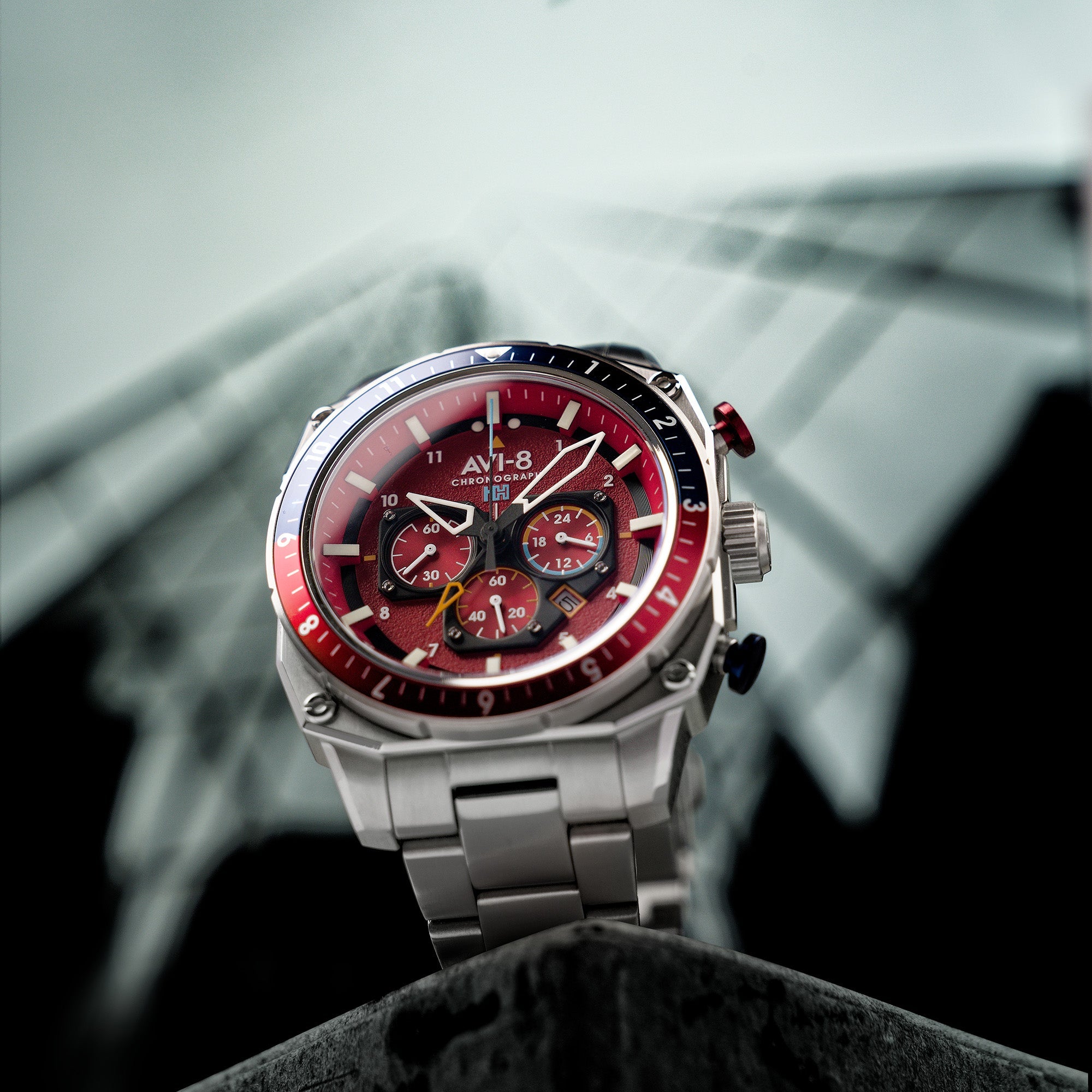 AVI-8 Hawker Hunter Atlas Dual Time Chronograph Crimson Red Av 4100 22