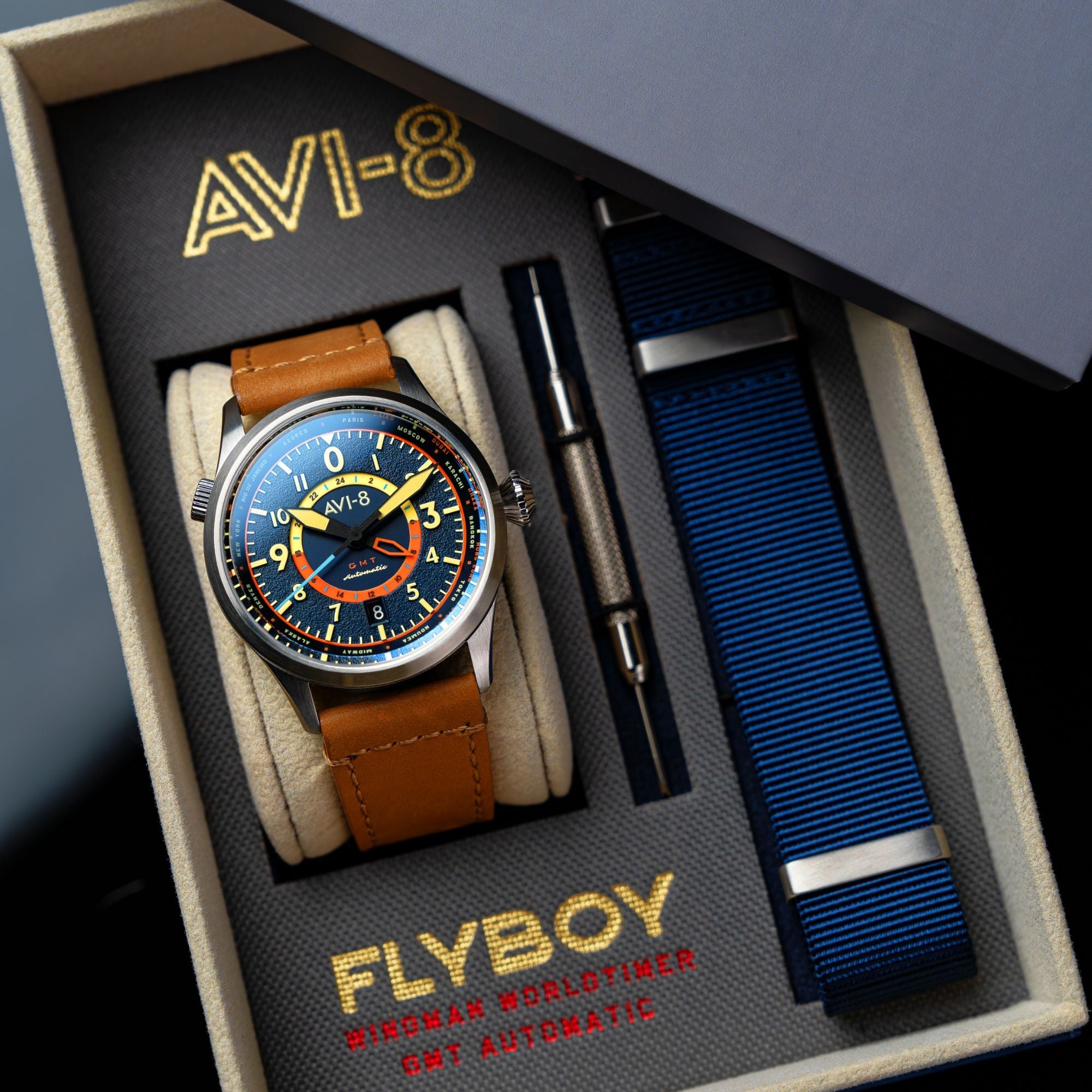 AVI-8 Flyboy Wingman Worldtimer Gmt Automatic Atlantic Blue Av 4120 01