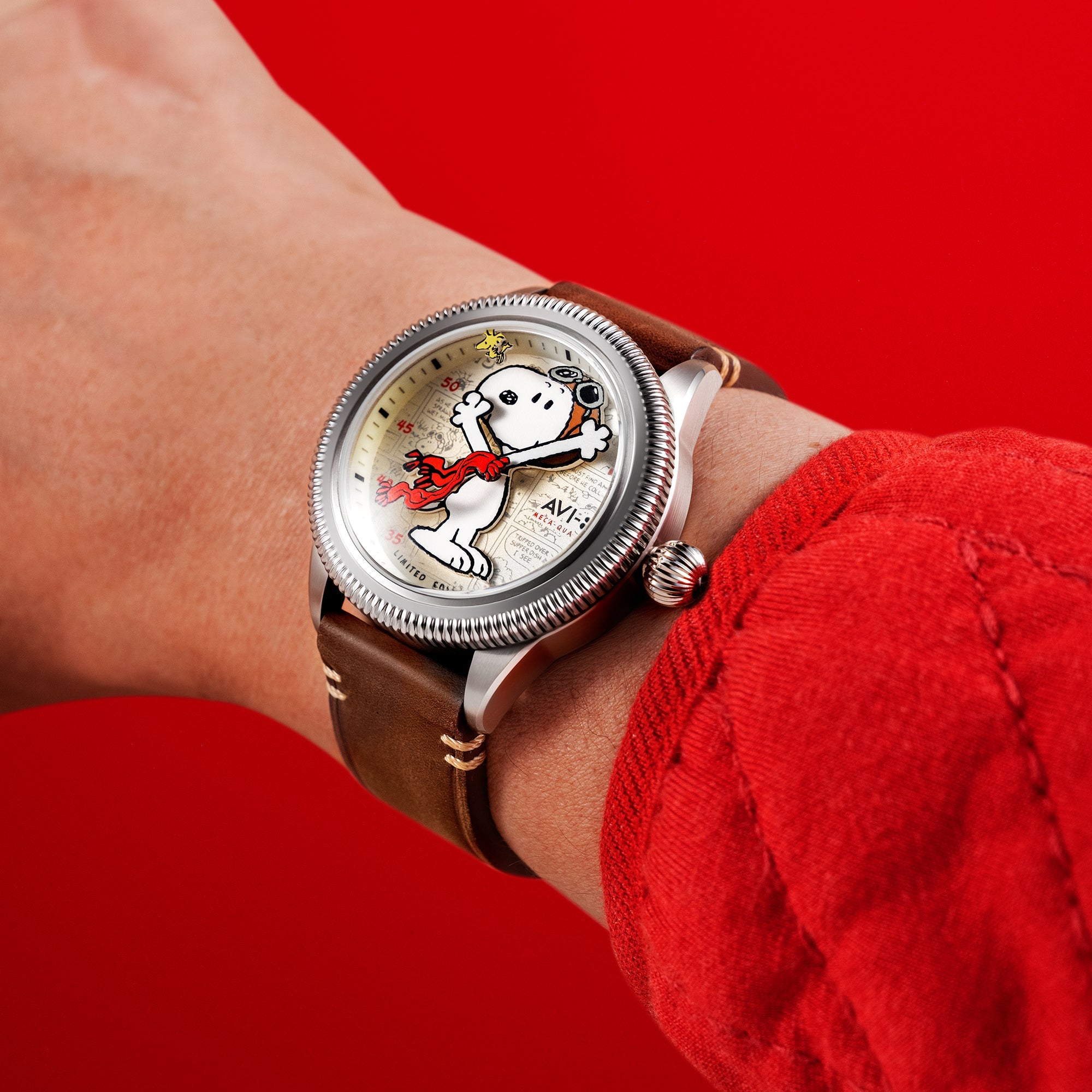 AVI-8 Flyboy Airmaster 40 Meca Quartz Peanuts Snoopy Flying Ace Limited Edition Camel Brown Av 4138 01