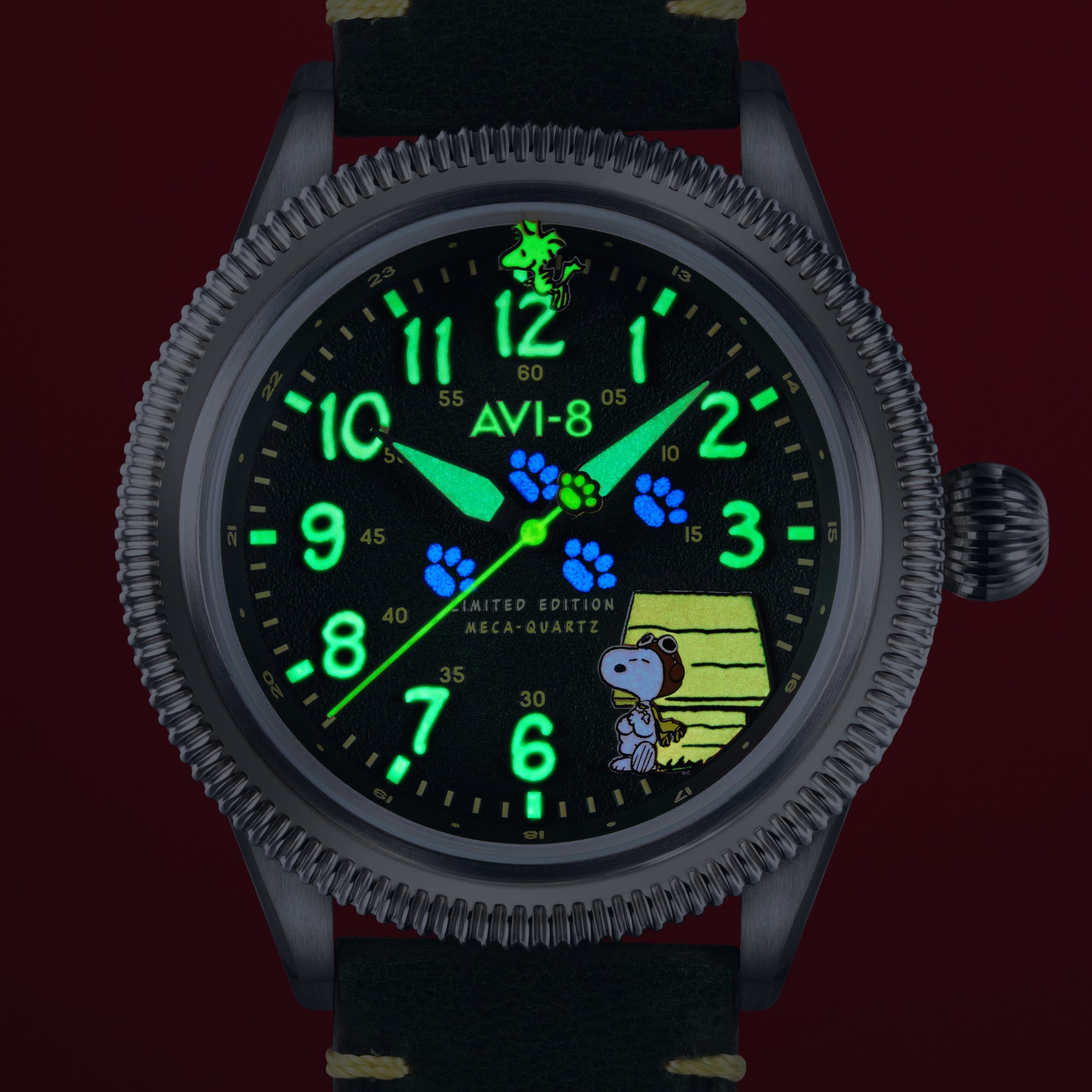 AVI-8 Flyboy Airmaster 40 Meca Quartz Peanuts Snoopy Flying Ace Limited Edition Doghouse Green Av 4139 01