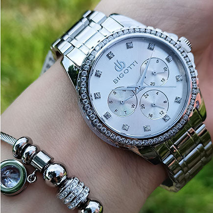 Bigotti Stainless Steel Watch Silver Dial Stones on Bezel | BG.1.10453-1
