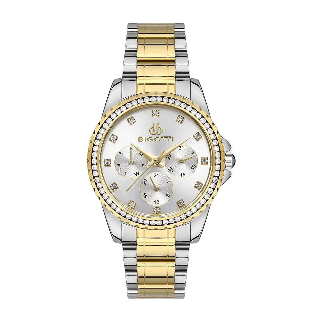 Bigotti Stainless Steel Rose Gold End Silver Multi Dial Rose Gold Stones On Dial Bezel | BG.1.10453-4