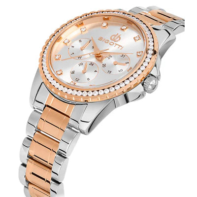 Bigotti Stainless Steel Rose Gold End Silver Multi Dial Rose Gold Stones On Dial Bezel | BG.1.10453-4