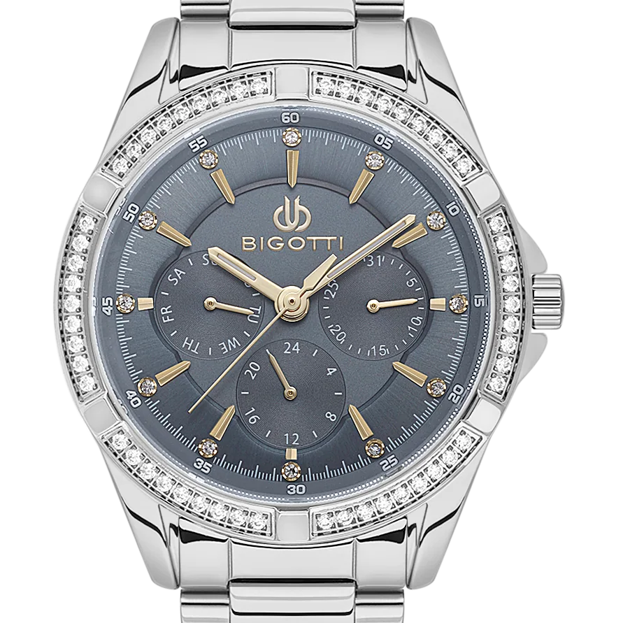 Bigotti Stainless Steel Black Multi-Dial Rose Gold Stones Watch | BG.1.10569-2