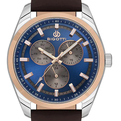 Bigotti Rose Gold Stainless Steel Blue Gold Dial Rose Gold Luminous Batons Brown Leather Strap | BG.1.10573-4