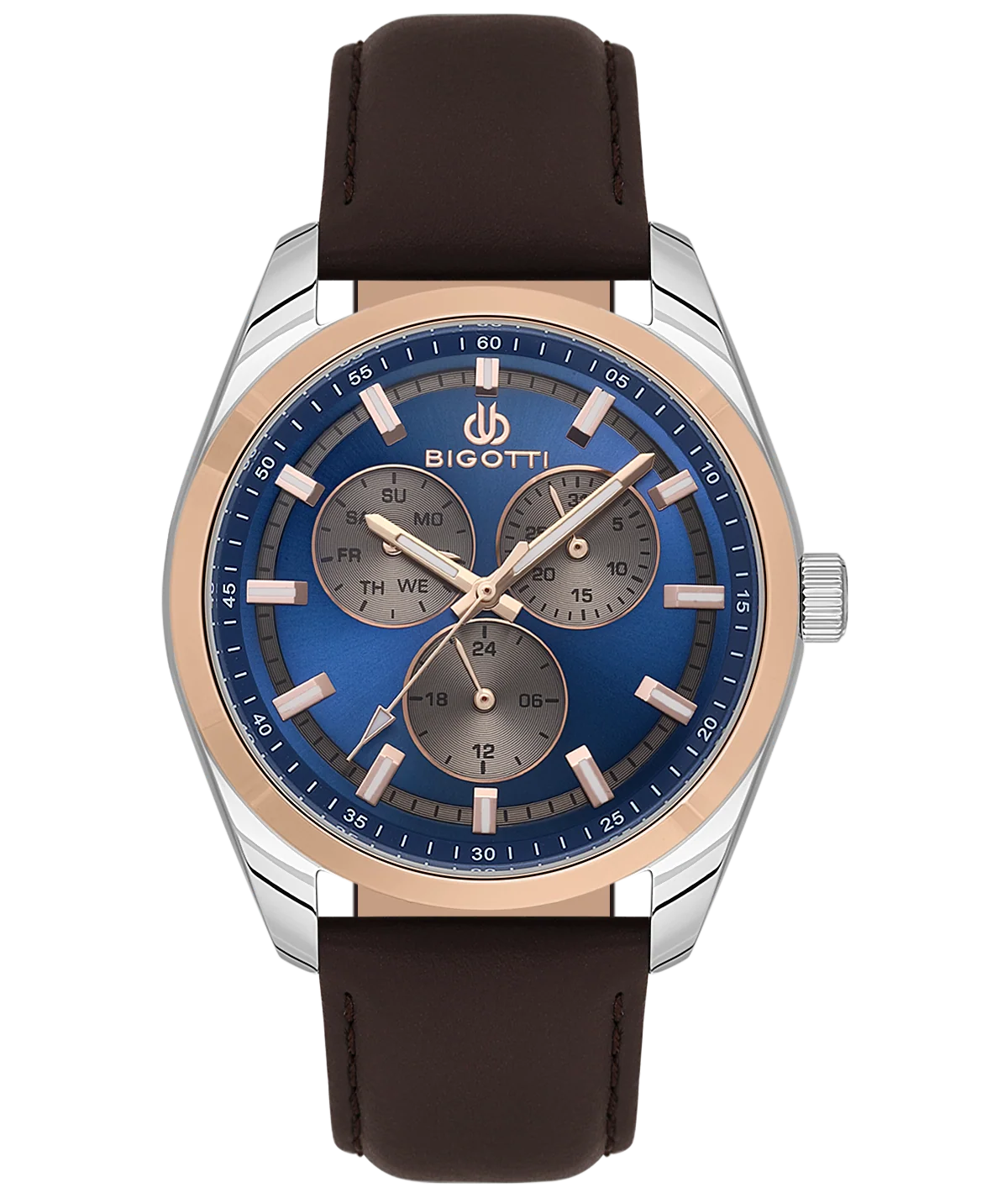 Bigotti Rose Gold Stainless Steel Blue Gold Dial Rose Gold Luminous Batons Brown Leather Strap | BG.1.10573-4