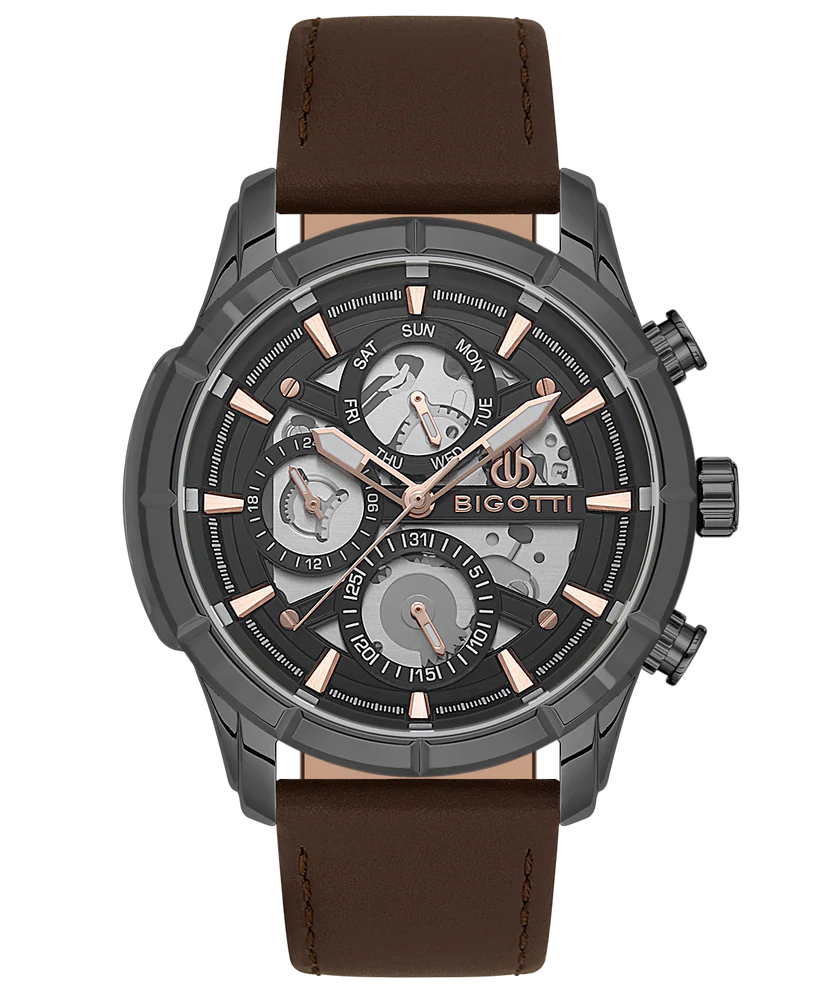 Bigotti Gunmetal Black Skeleton Multi-Dial Rose Gold Brown Leather Strap | BG.1.10579-5