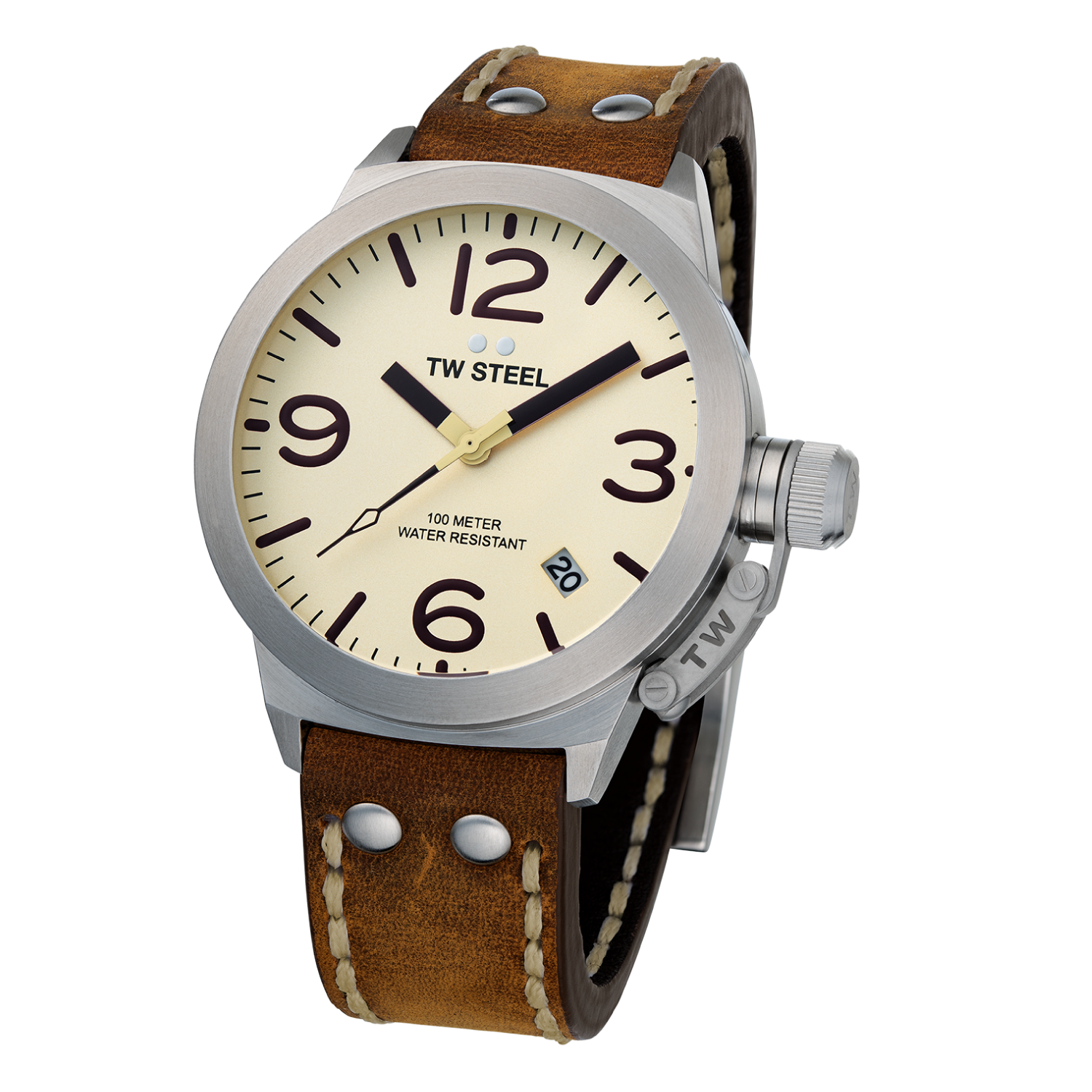 TW Steel Canteen Cream Dial and Brown Leather Strap 45mm Men's Watch | CS100