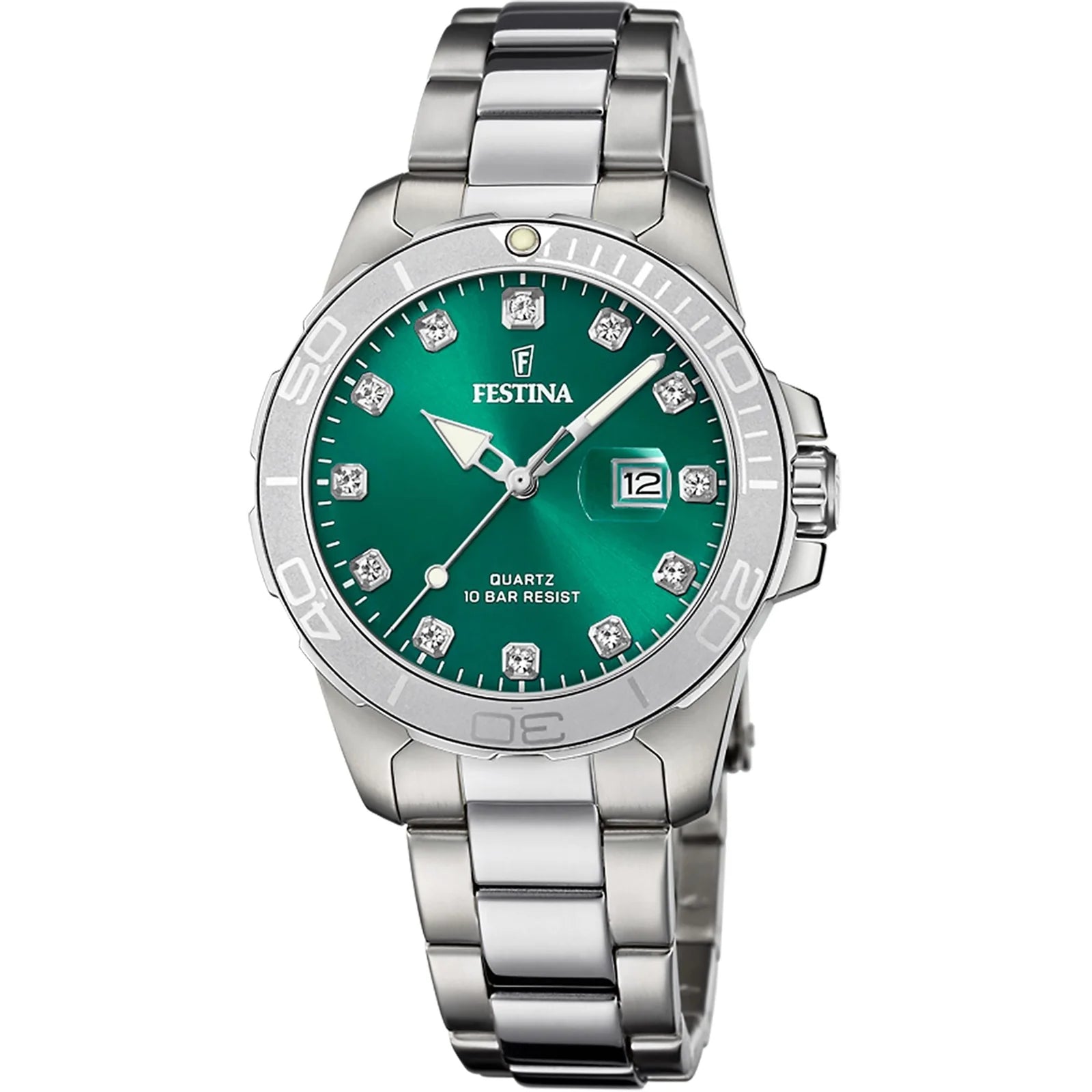 Festina Boyfriend Quartz Green Dial Embellished Indicies Stainless Steel Women's Watch | F20503/7
