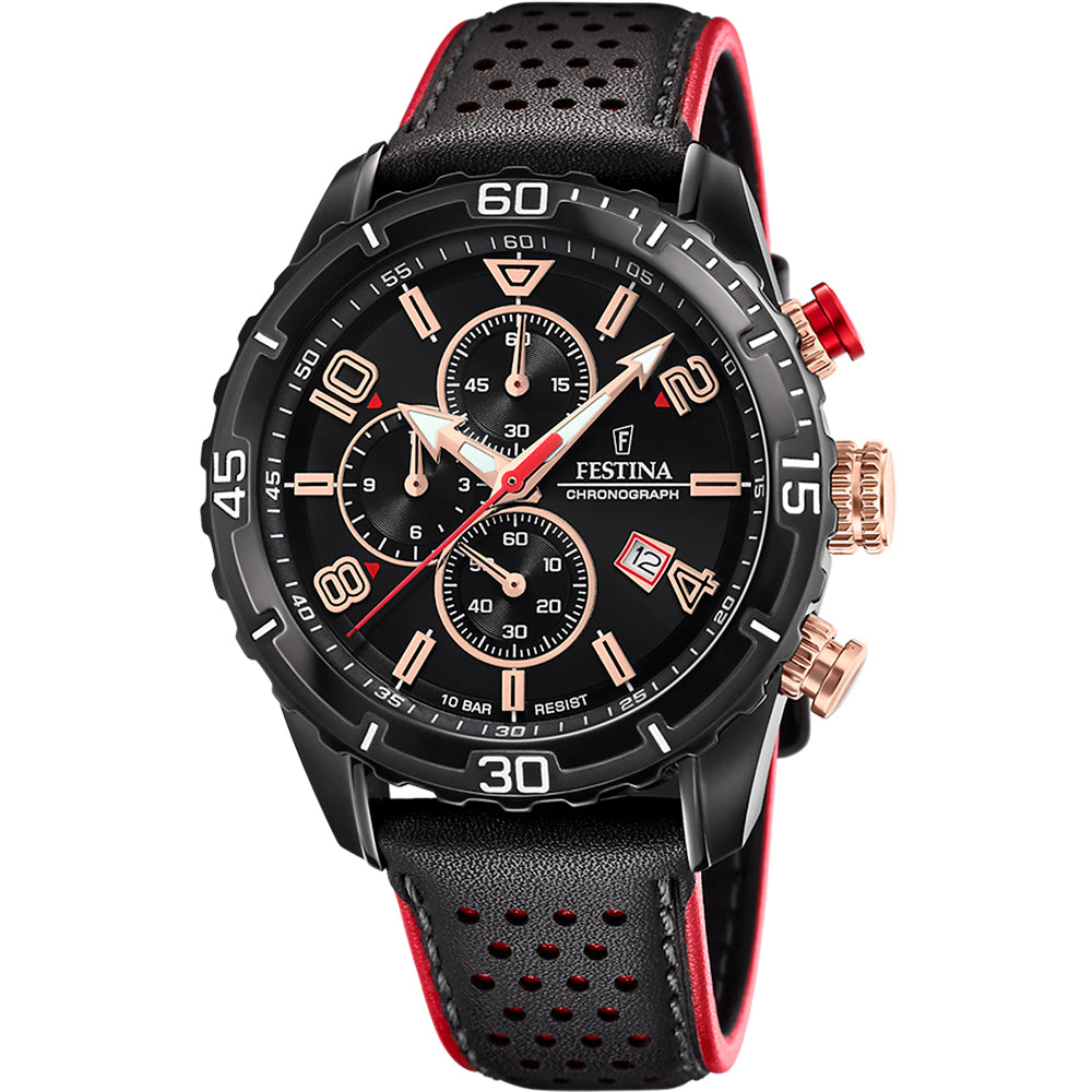 Festina Timeless Chronograph Quartz Black Leather Red Stitching Men's Watch | F20519/4