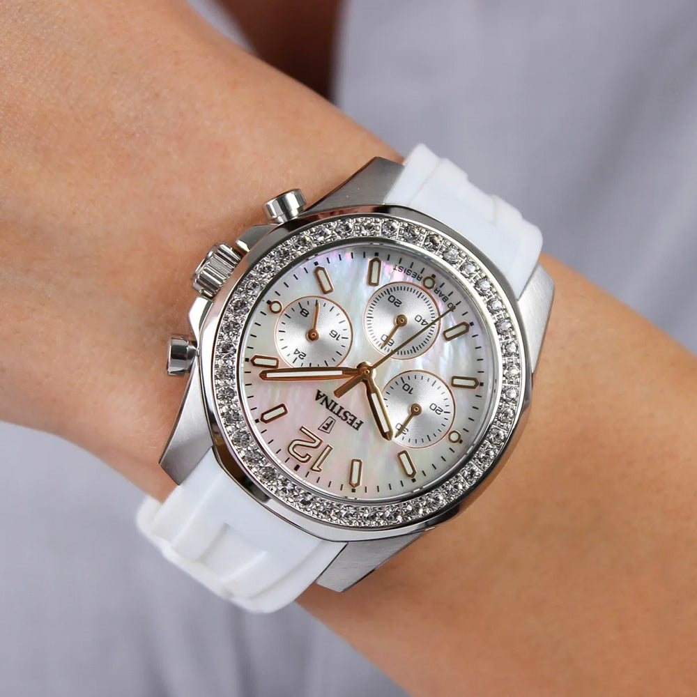 Festina Boyfriend Quartz Chronograph Mother Pearl Rainbow Dial White Rubber Women's Watch | F20610/1