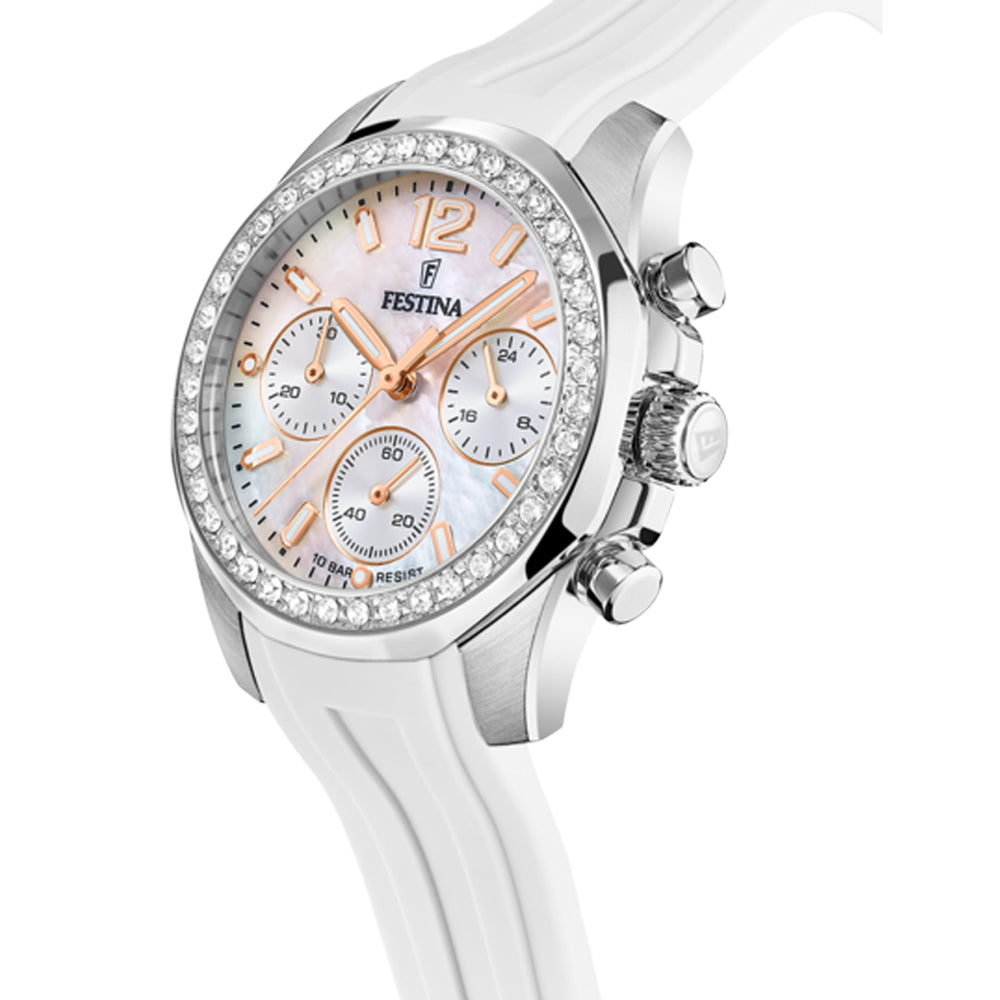 Festina Boyfriend Quartz Chronograph Mother Pearl Rainbow Dial White Rubber Women's Watch | F20610/1