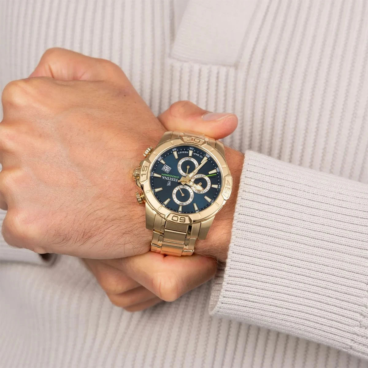 Festina Timeless Chronograph Blue Dial Gold PVD Stainless Steel Men's Watch | F20705/5