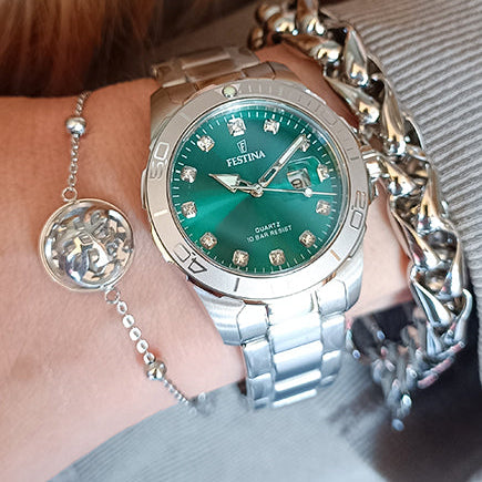 Festina Boyfriend Quartz Green Dial Embellished Indicies Stainless Steel Women's Watch | F20503/7