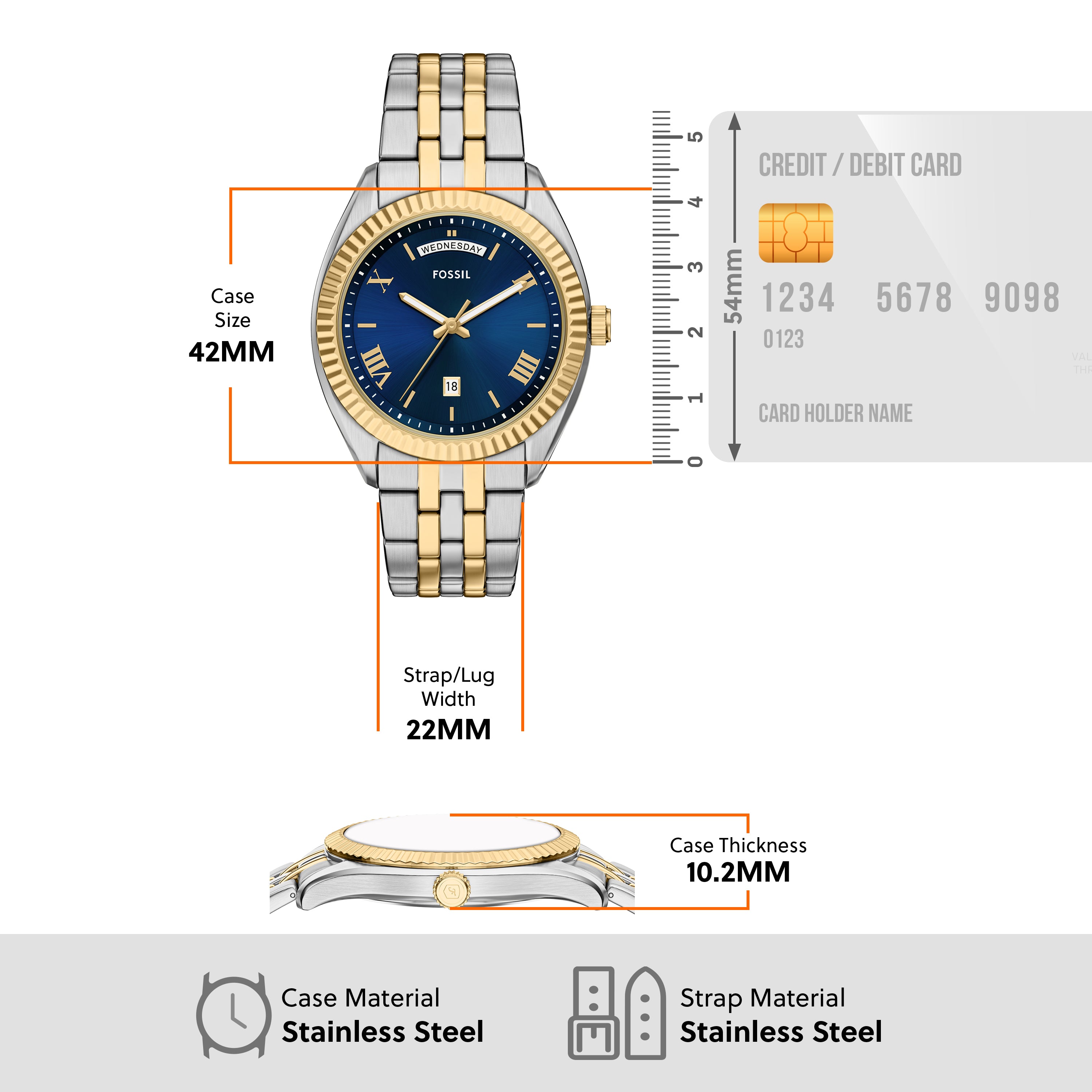 Fossil Three Hand Two Tone Stainless Steel Blue Dial Men's Watch | FS6141